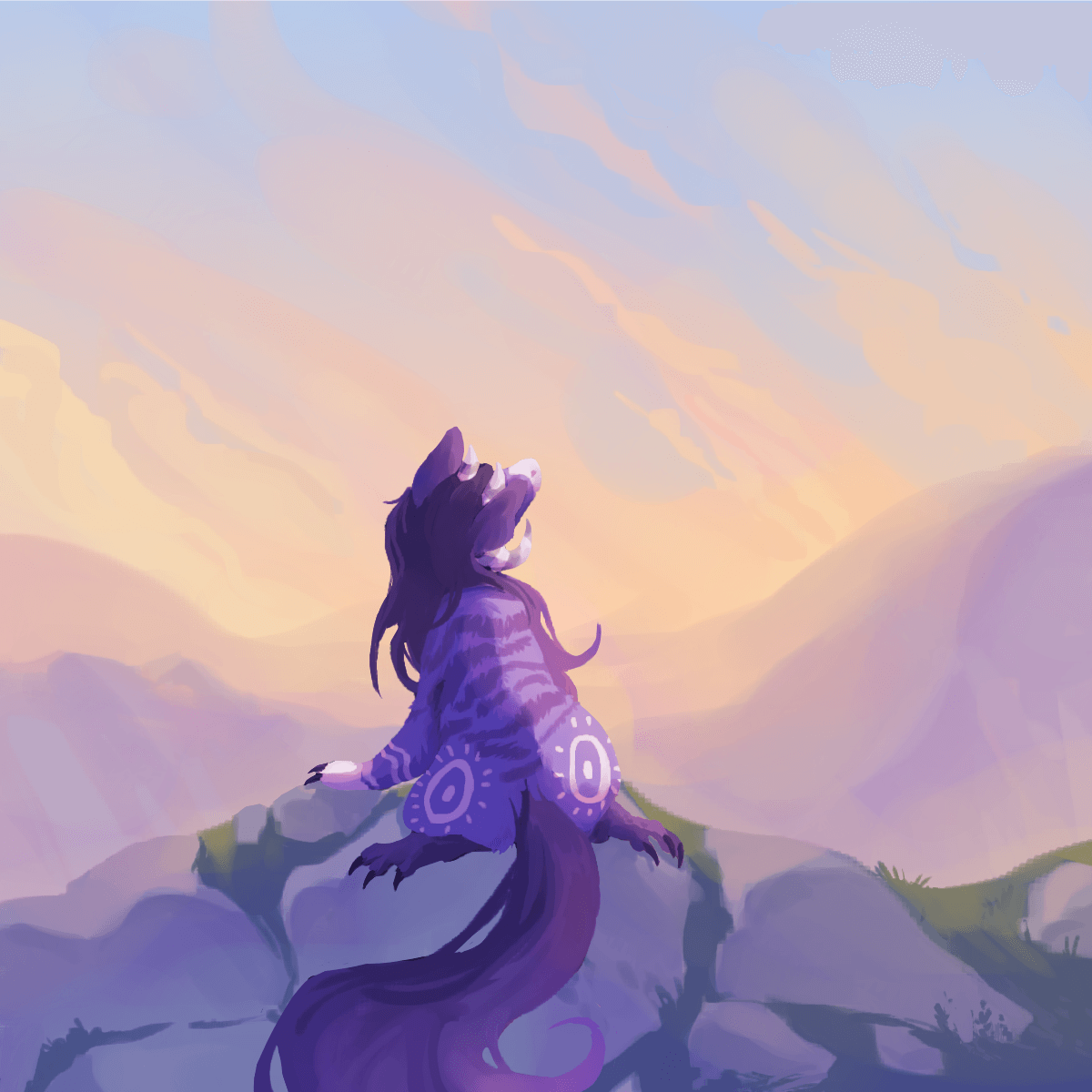 a painting of a wingless blue dragon sitting on a mountain, watching the sunrise.