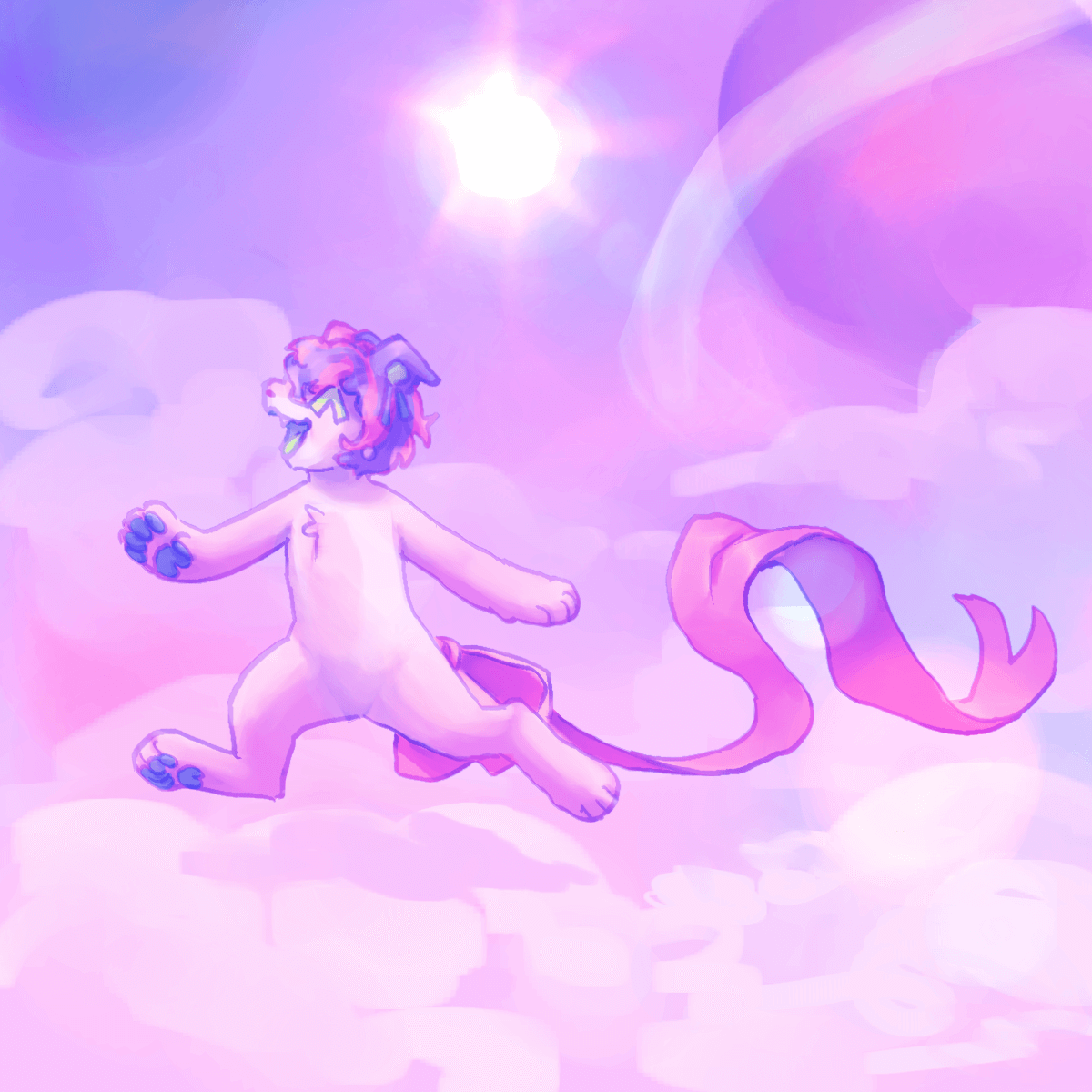 a drawing of a pink cat(?) with a bow for a tail skipping on clouds in pink sky with a big planet visible in the background.