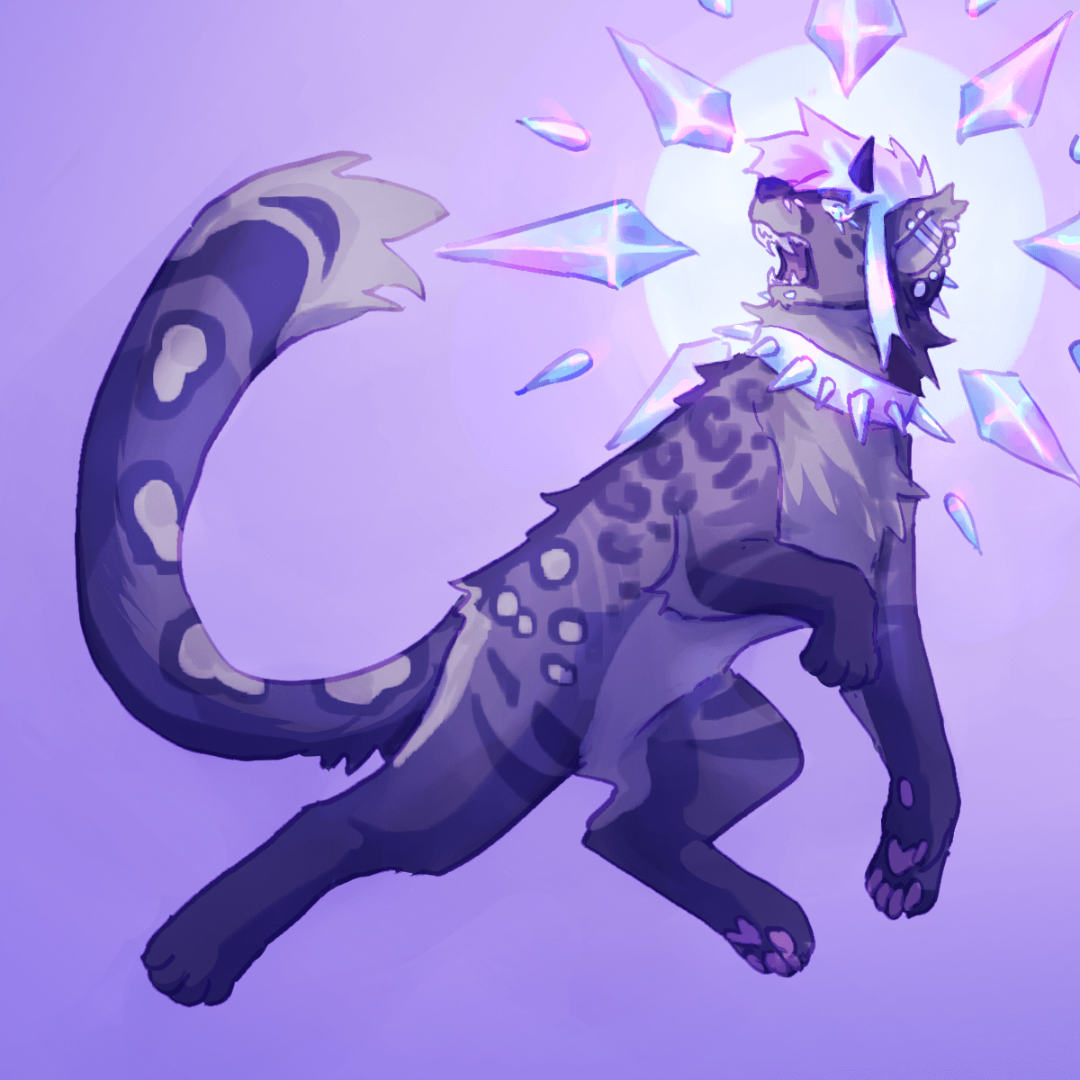 a drawing of a gray leopard with pastel purple hair and a spiked collar. a halo of crystals floats behind their head.