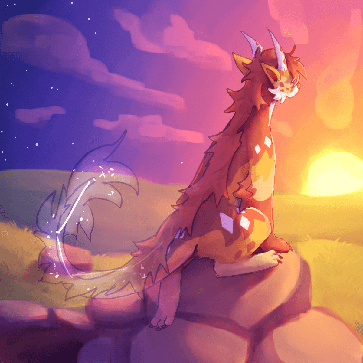 a drawing of a light brown dragon watching the sunrise. the parts of him that are in darkness are transparent white with stars.