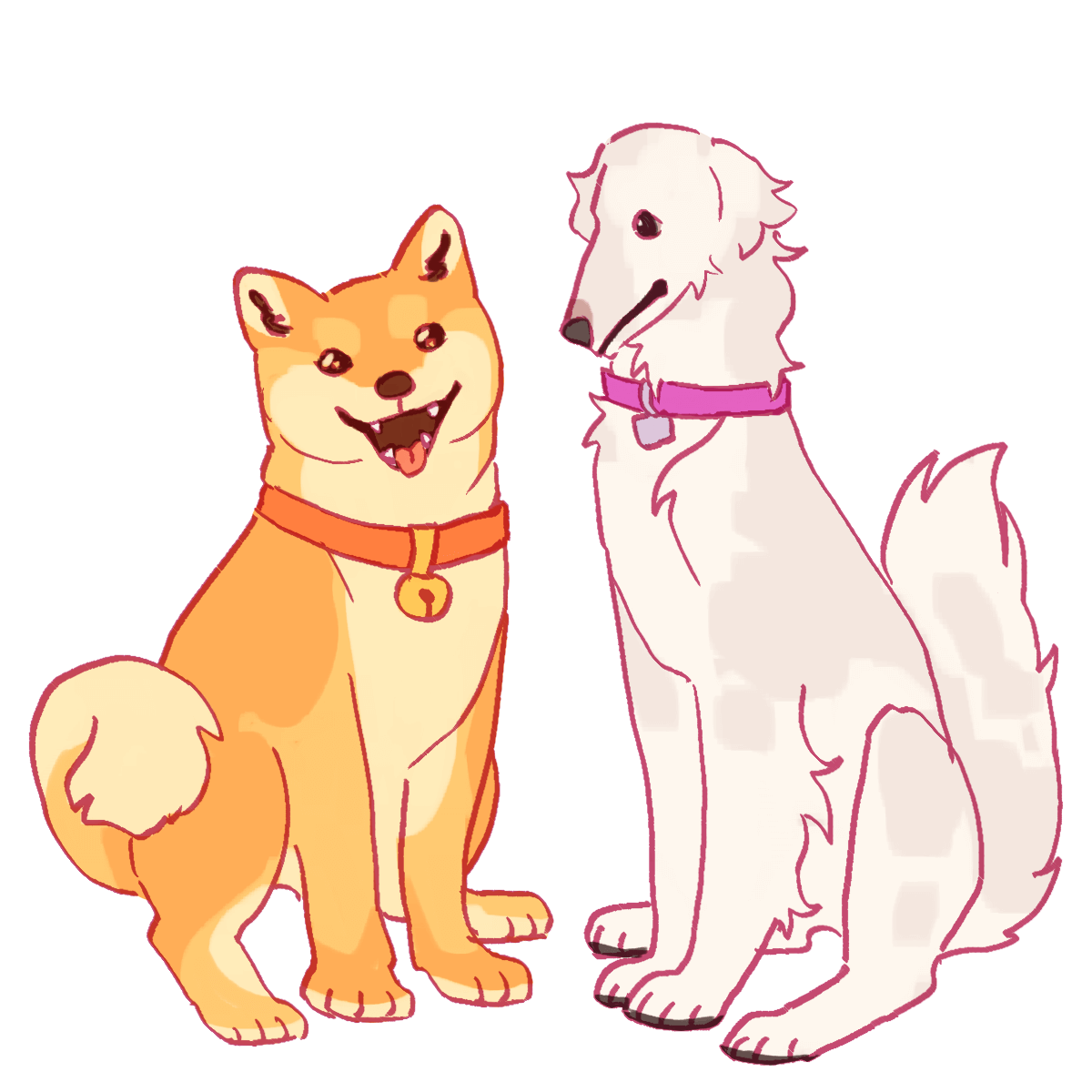 a drawing of two dogs sitting next to each other. the one on the left is a shiba inu, while the one on the right is a borzoi.