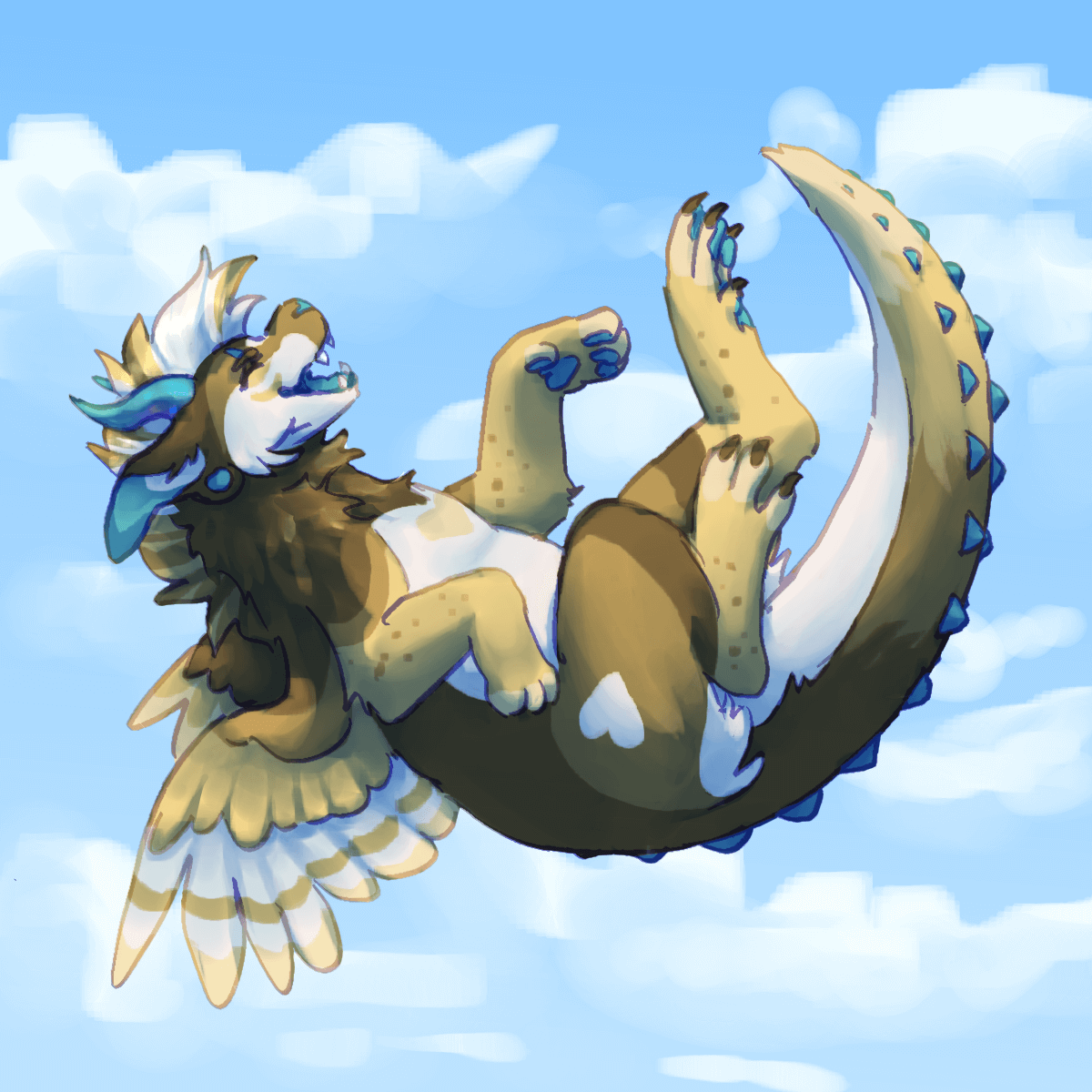 a drawing of a brown feathered dragon flying through a sunny sky and laughing.