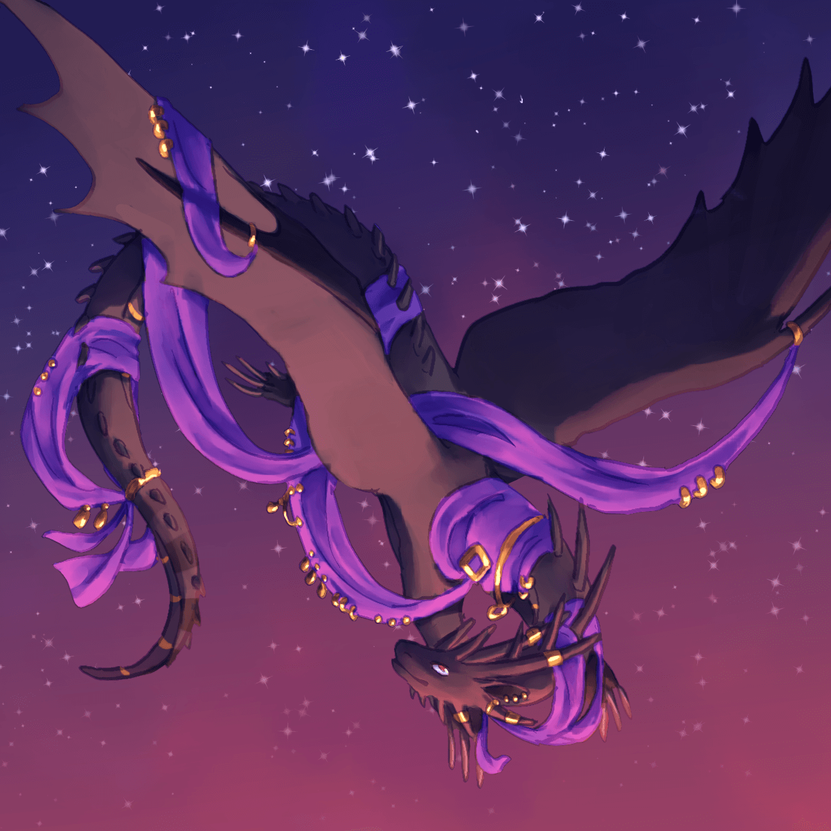 a drawing of a dark gray dragon with purple silk and golden accessories flying at dusk.