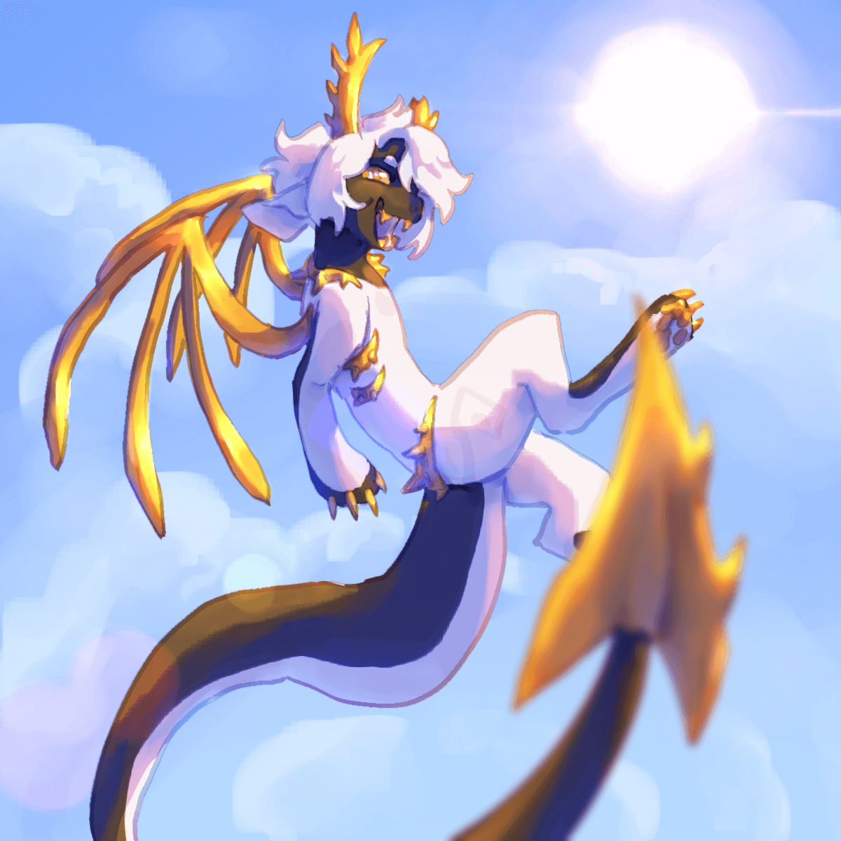 a drawing of an anthropomorphic dragon(?) with cat-like features flying with the sun in the background. the character is black and white with golden wings and accents.