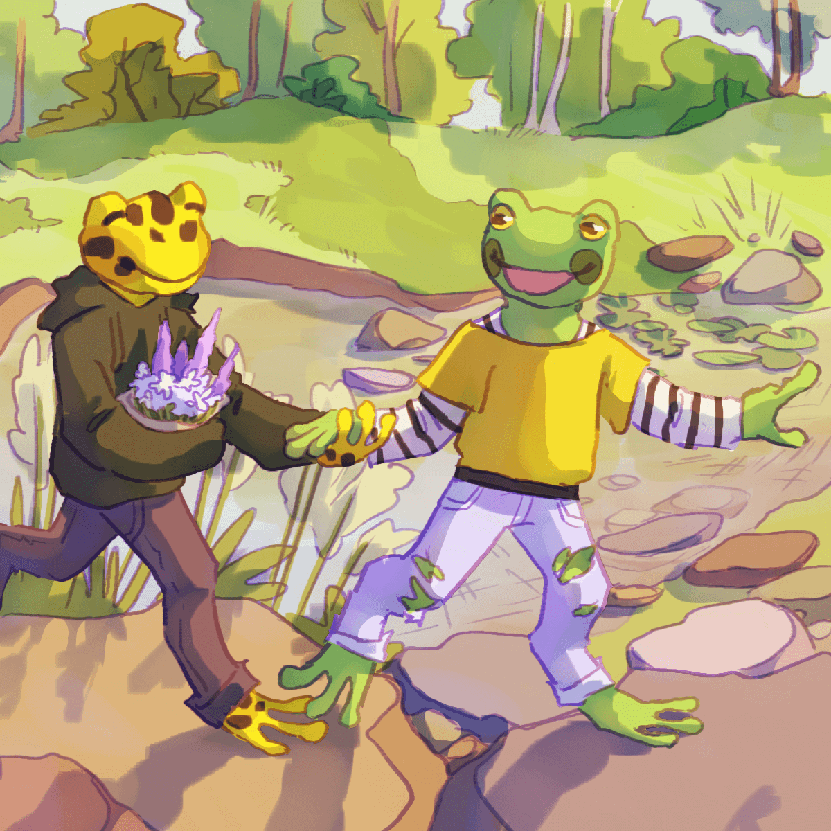 a drawing of two anthropomorphic frogs on a date by a pond. the one on the left is yellow with spots, wearing a big hoodie and jeans, and holding flowers. the one on the right is green and wearing e-boy clothes.