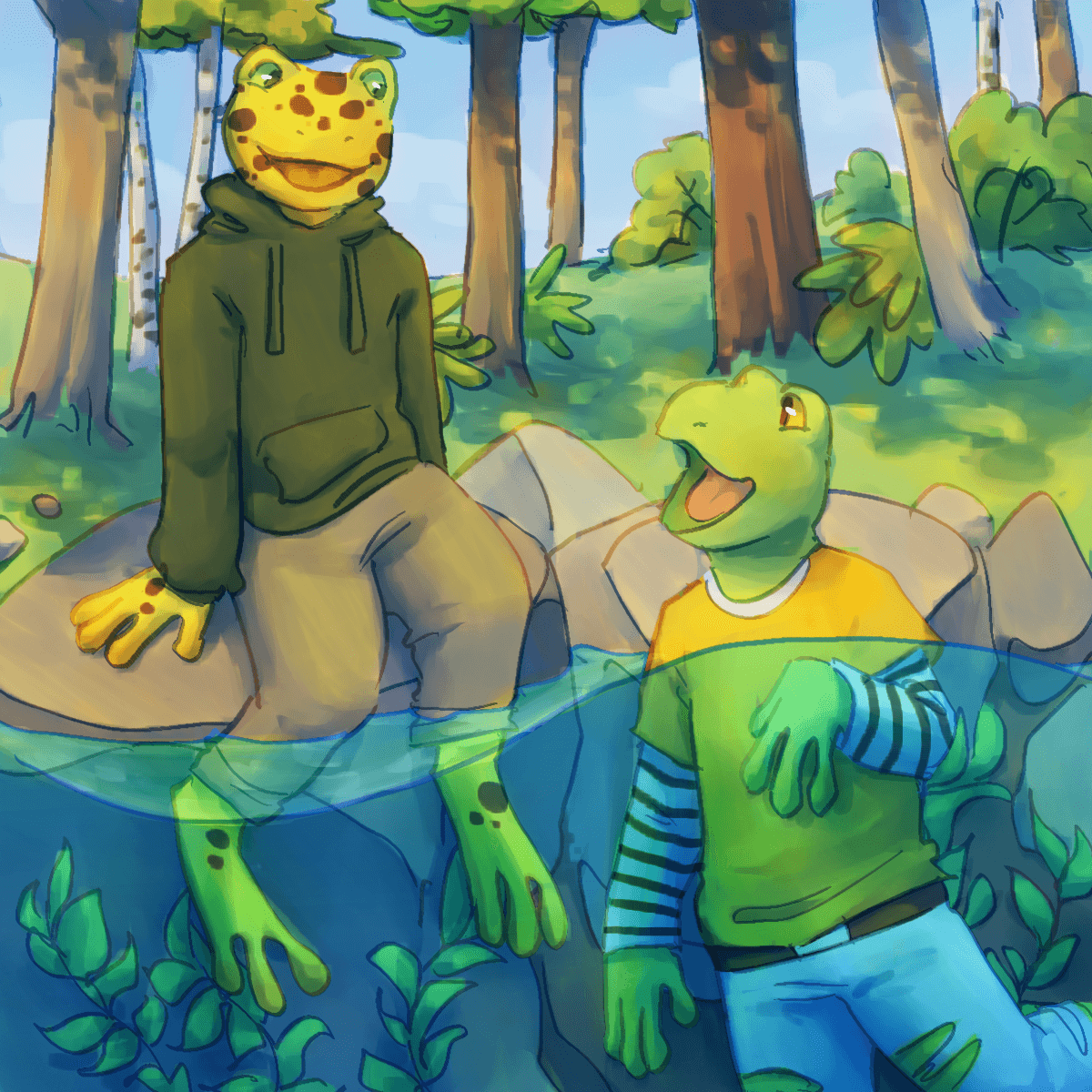 a drawing of the two frog boyfriends, the yellow and green ones. they are at the pond. the yellow one is sitting on a rock and dangling his legs into the water. the green one is swimming in the pond.