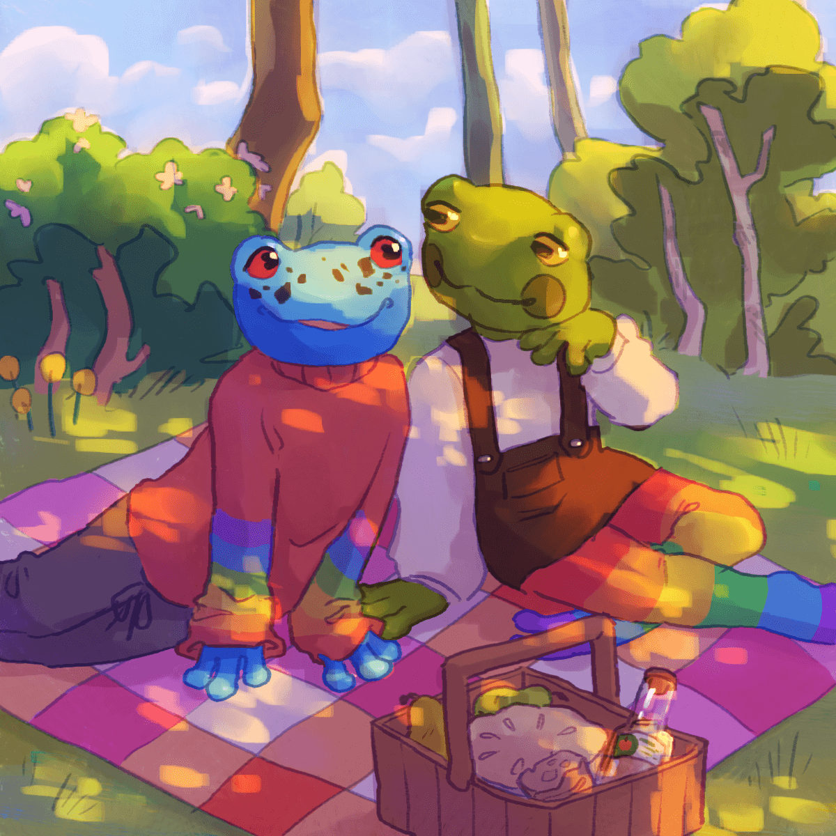 a drawing of two anthropomorphic frogs on a forest picnic date. the one on the left is blue and wearing a red sweater with rainbow sleeves. the one on the right is green and wearing an overall skirt and rainbow stockings.