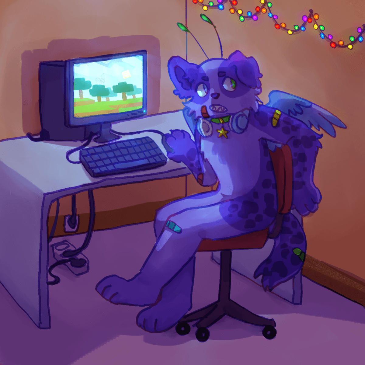 a drawing of a purple anthro dog with wings and antennae. they are sitting in a dim room with fairy lights on the wall, playing minecraft.