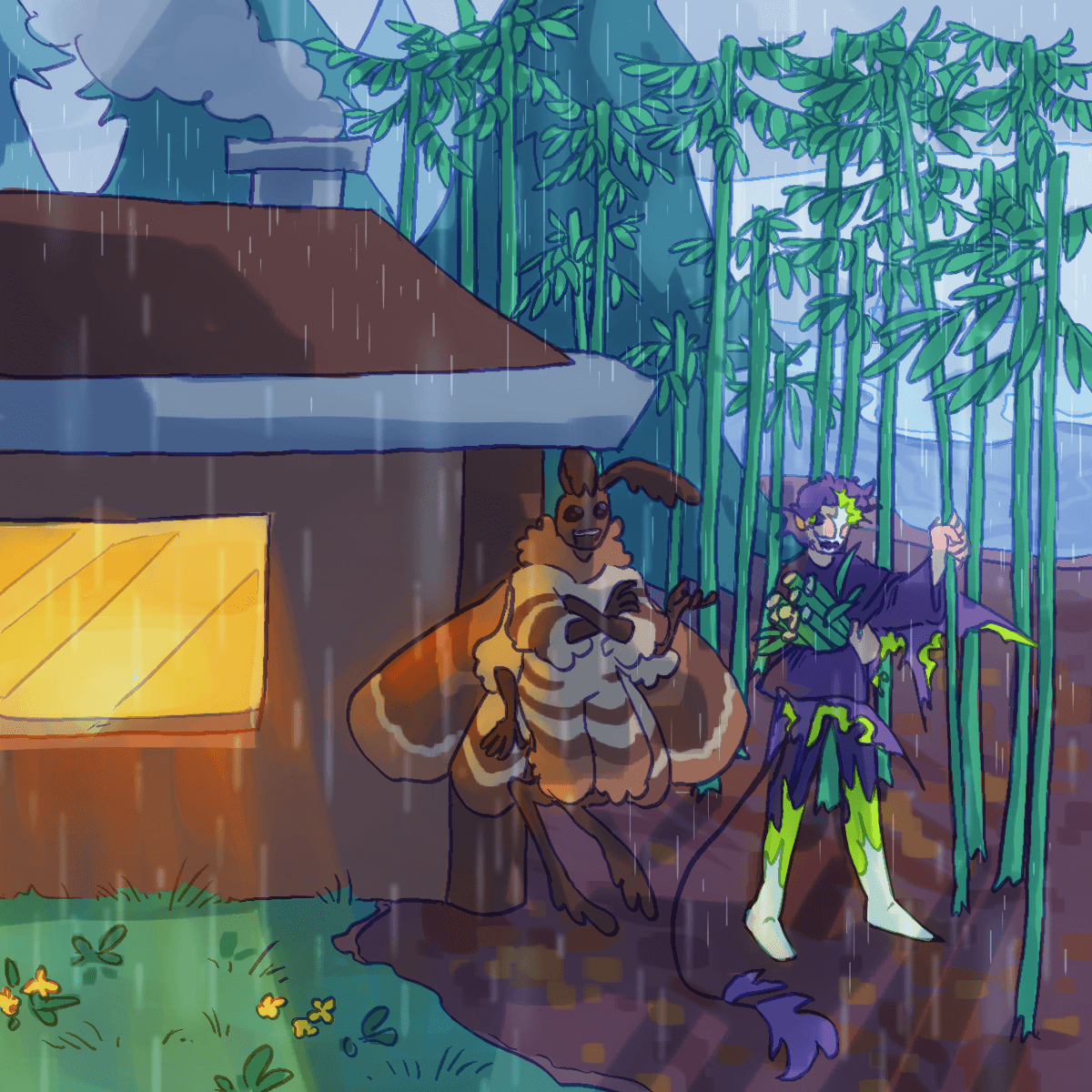 a drawing of two minecraft origins ocs. they are in a forest biome on a rainy day. the one on the left, a brown moth, is standing under the roof of their house. the one on the right, a phantom, is harvesting bamboo. warm light comes from the window of the house.