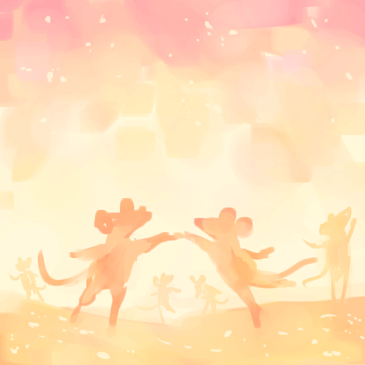 a loose painting of silhouetted mice dancing, two in the foreground and more in the background. it is entirely in shades of orange, yellow, and red.