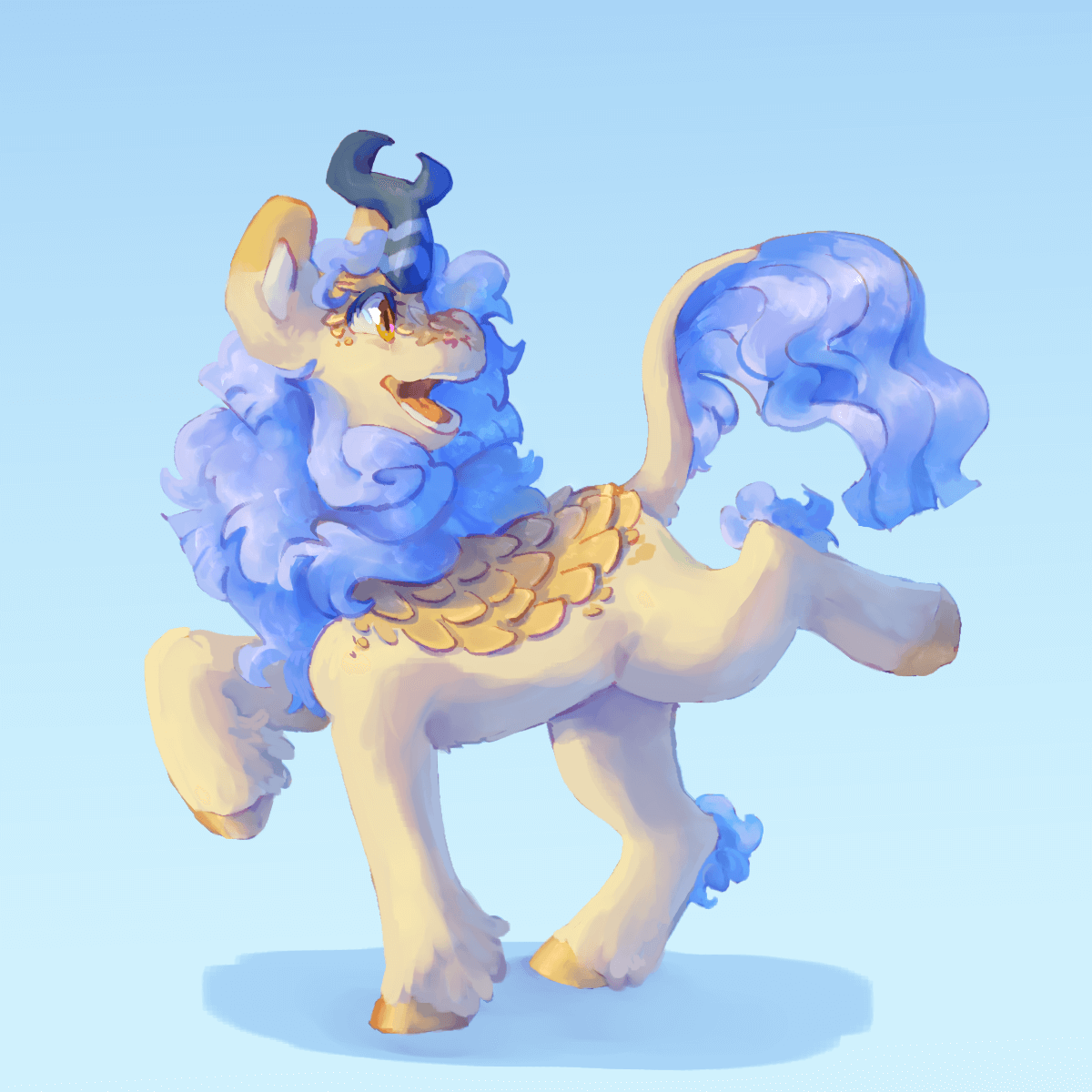 a painting of a my little pony style kirin with cream-colored fur, tan scales, and a light blue mane.