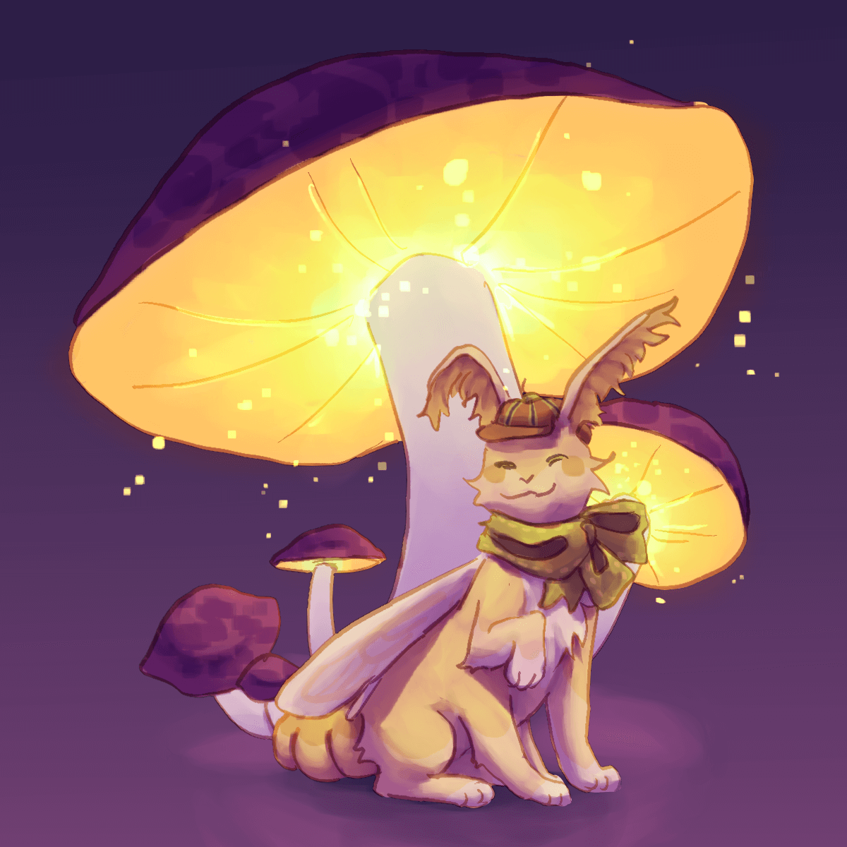 a drawing of a light tan moth-cat sitting under giant glowing mushrooms.