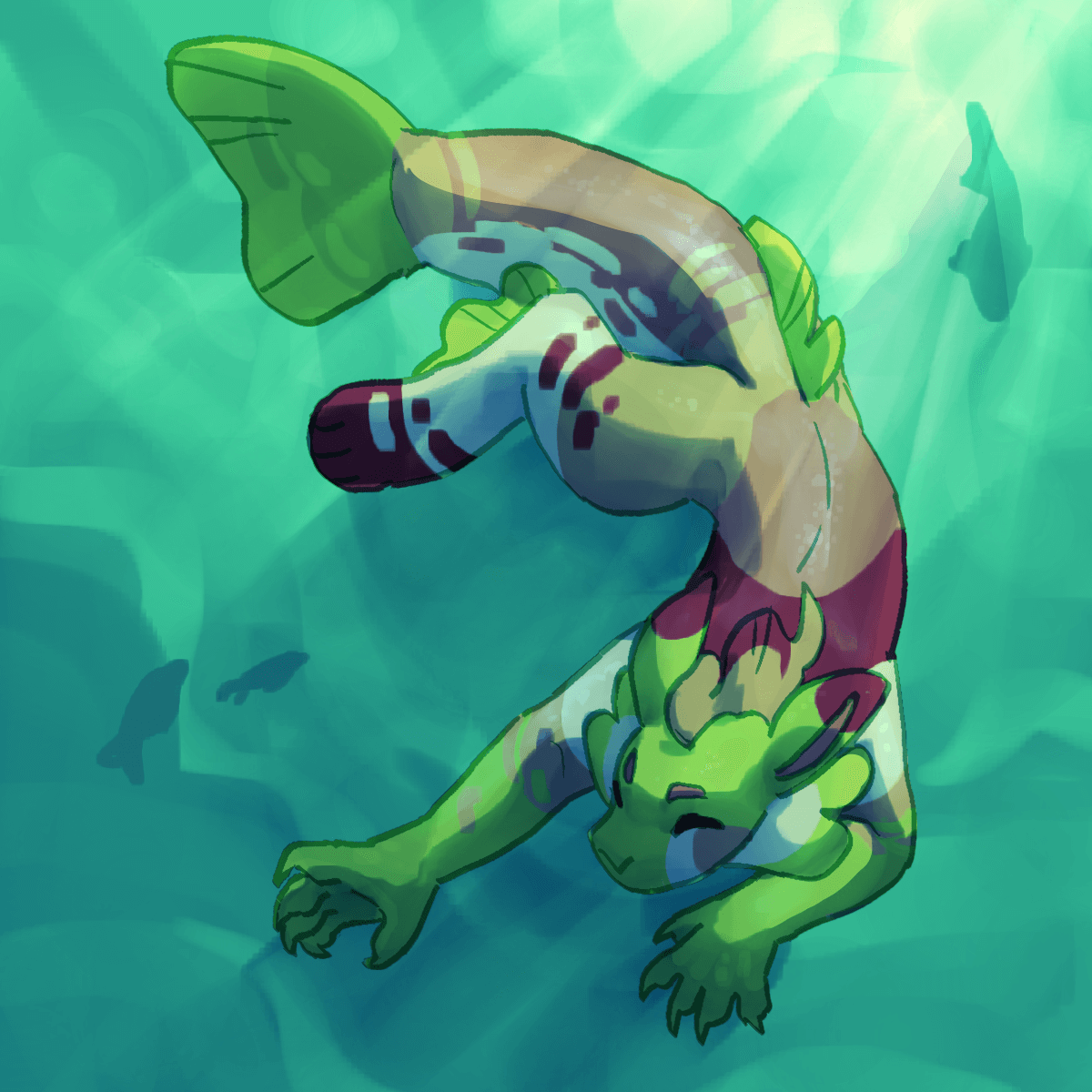 a drawing of an anthro salmon dragon swimming underwater. the image is in shades of teal.