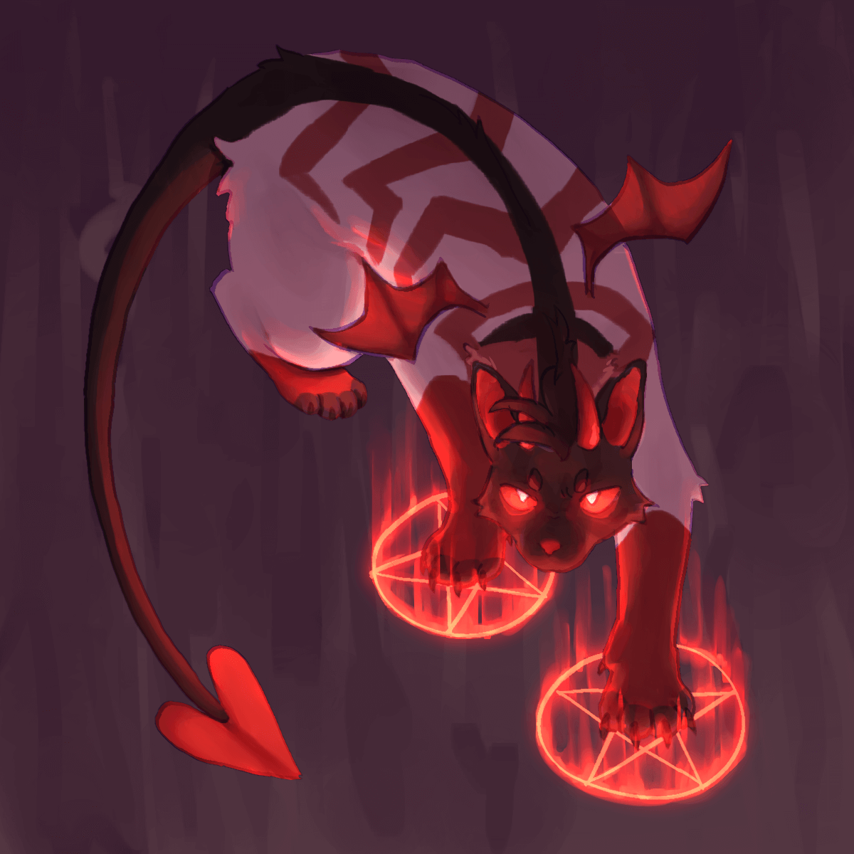 a drawing of a demon cat, only lit by the glowing pentagrams under his paws.