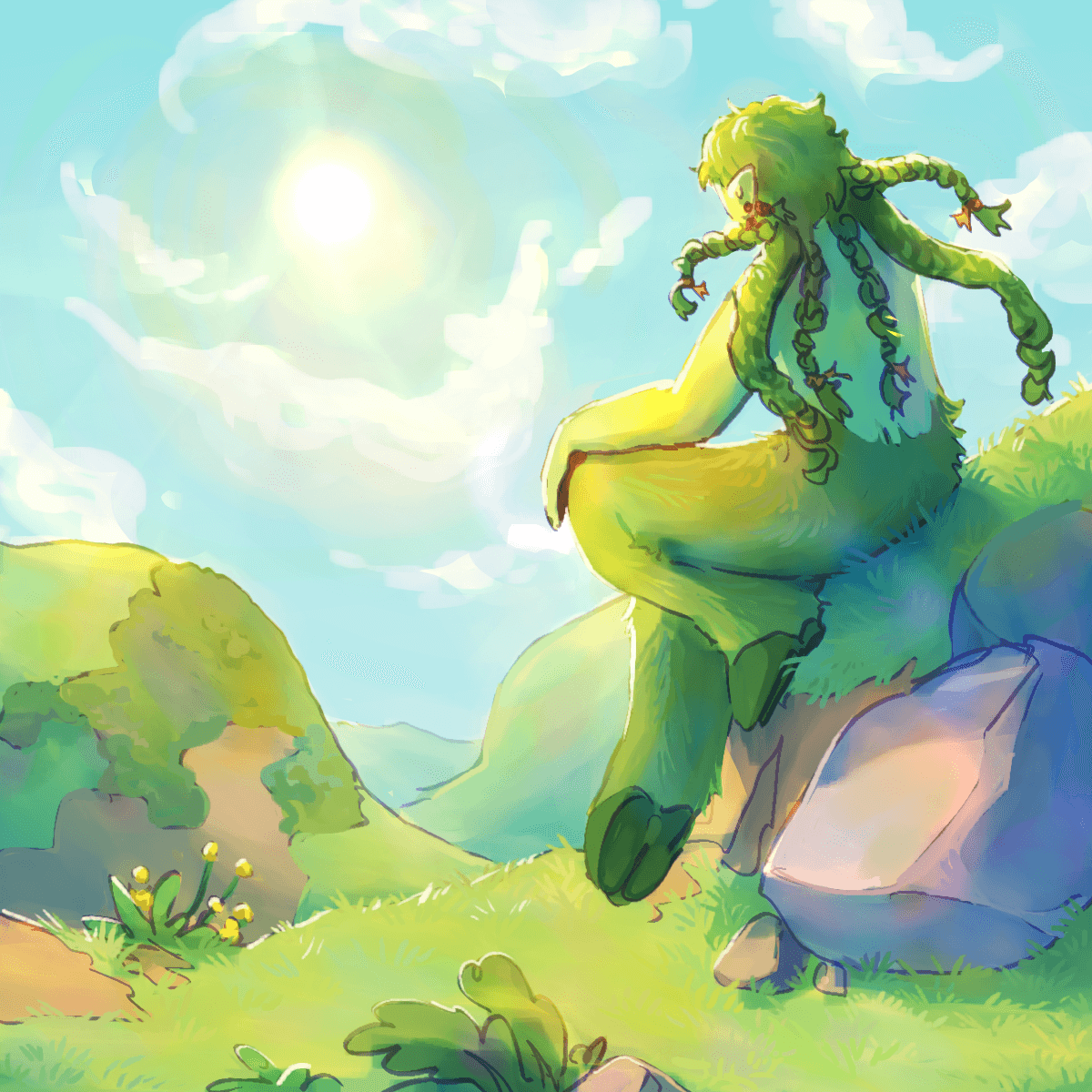 a painting of a green satyr sitting on the ground of a green, hilly landscape on a sunny day.