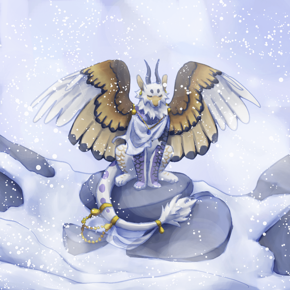 a drawing of a white and brown feathered dragon, a peakwing, sitting on a mountainside in the middle of a snowstorm.