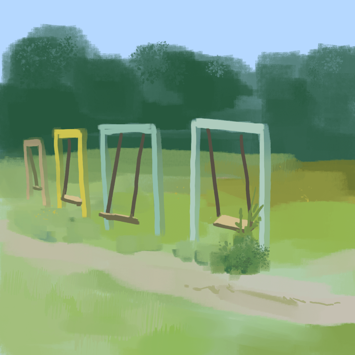 a loose painting of several swings in a sunny field.