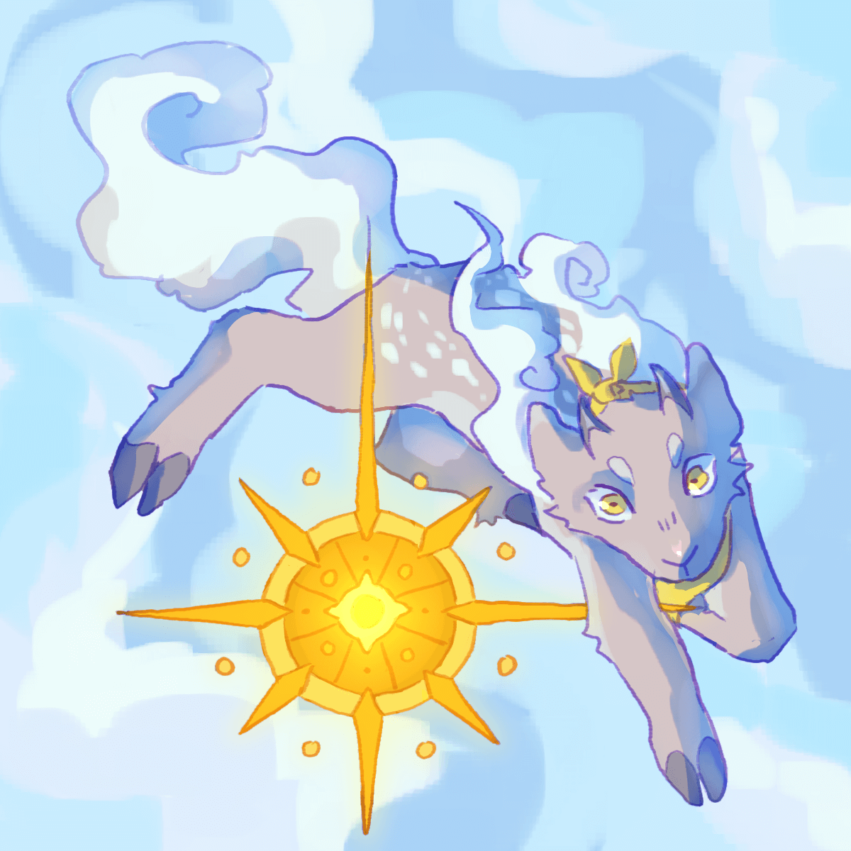 a drawing of a blue-gray goat in the sky. he is curled around a stylized depiction of the sun.