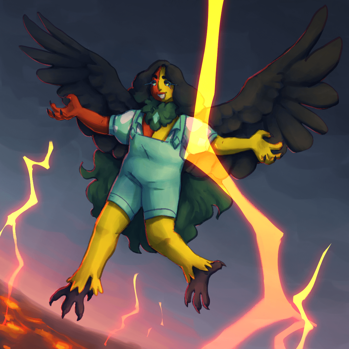 a drawing of a yellow and red humanoid with black hair and wings flying during a storm over a volcanic landscape, lightning flashing around her.