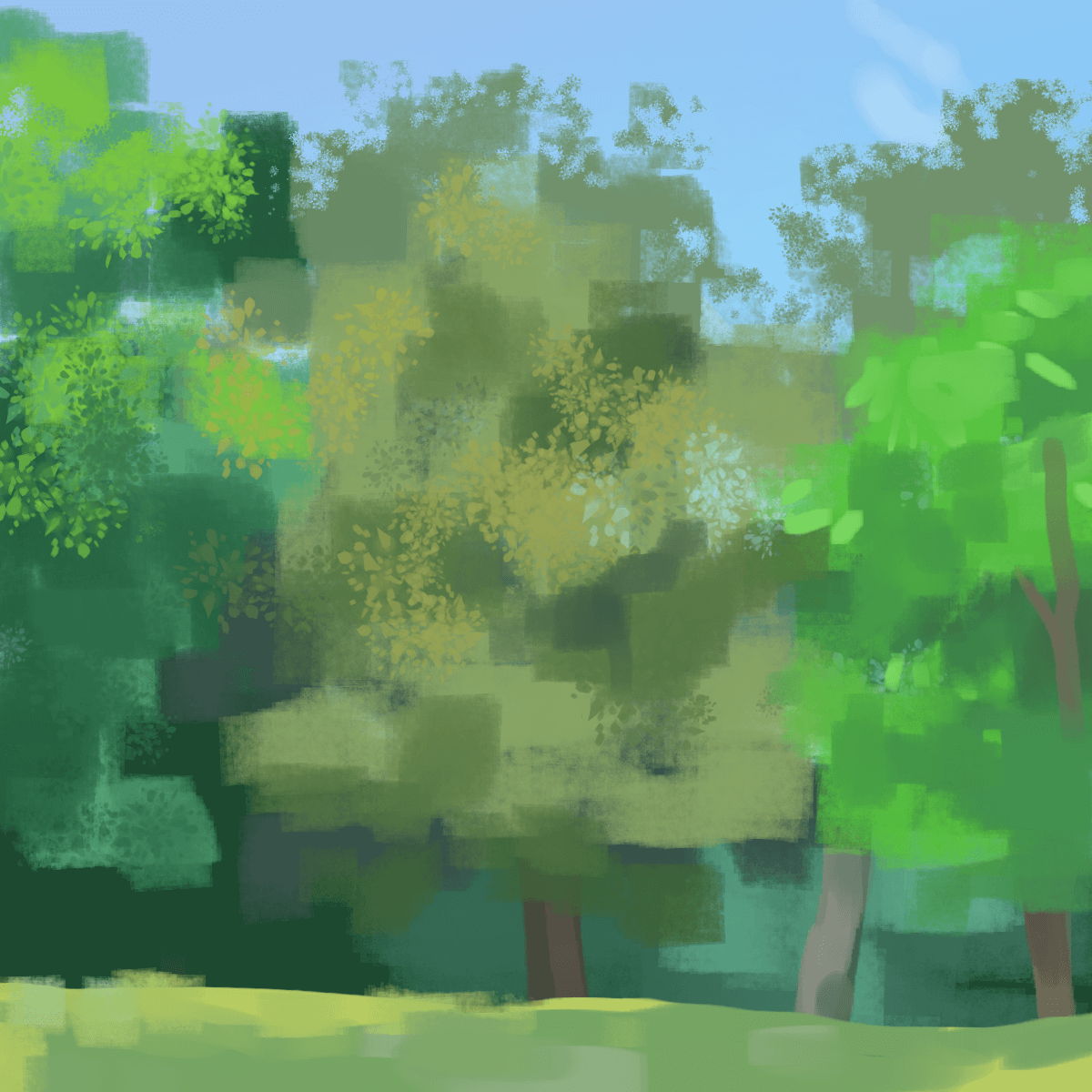 a loose painting of trees in the sunlight.