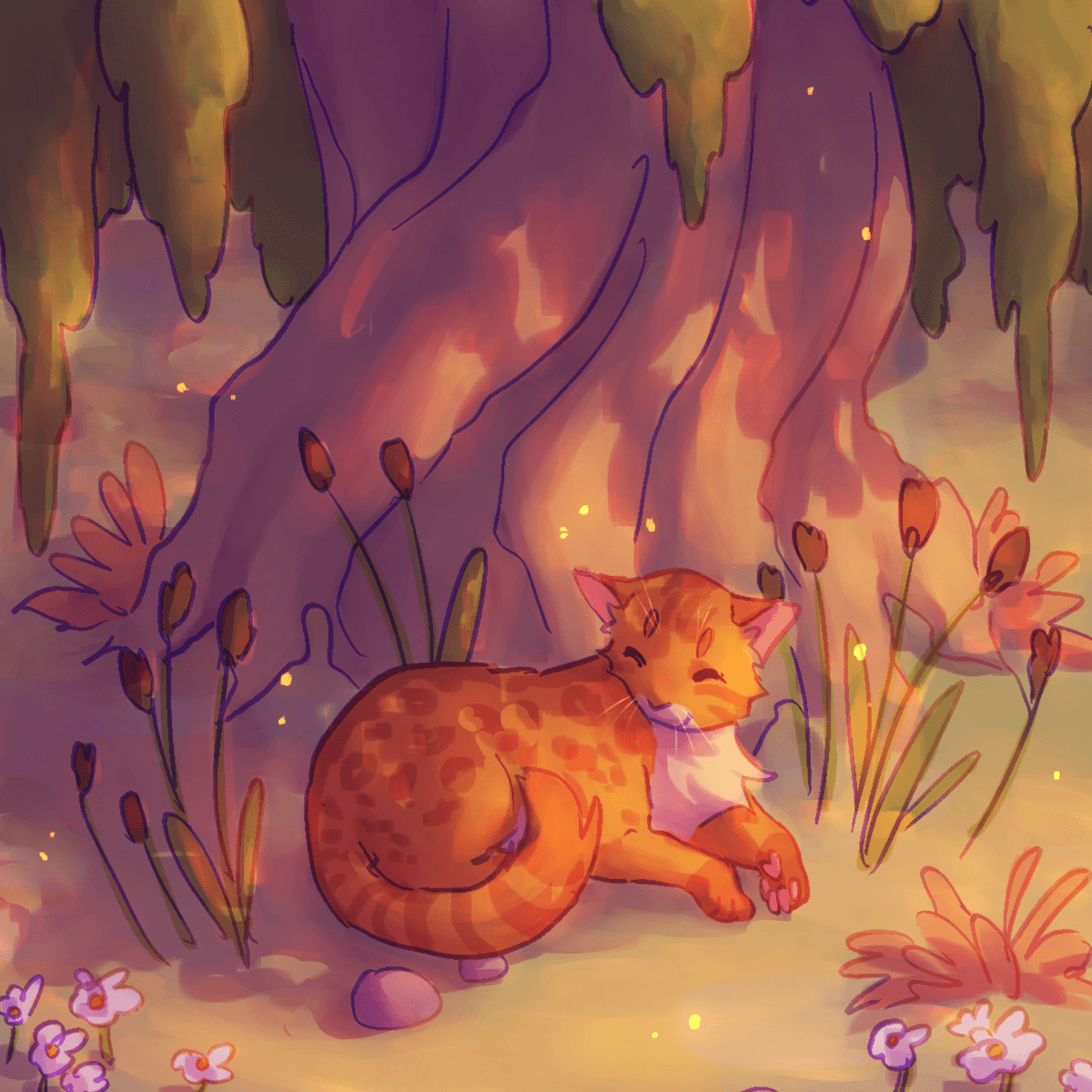 a drawing of an orange bengal tabby cat lying under a willow tree (more specifically, the weepingroot from cattails). the lighting is warm.