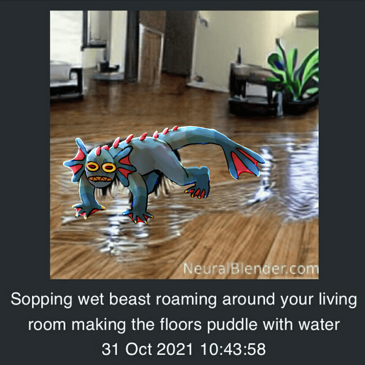 a screenshot of an ai prompt and its result 'sopping wet beast roaming around your living room making the floors puddle with water.' an oc of mine is drawn over the sopping wet beast in the image. they are an anthropomorphic minecraft guardian, standing on the wet floor on all fours.