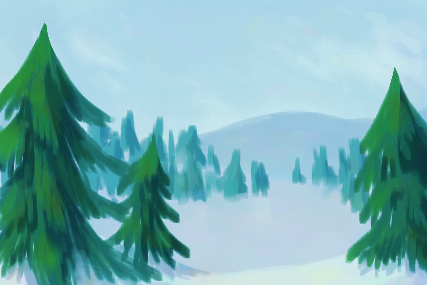 a loose painting of snowy mountains with coniferous forests.