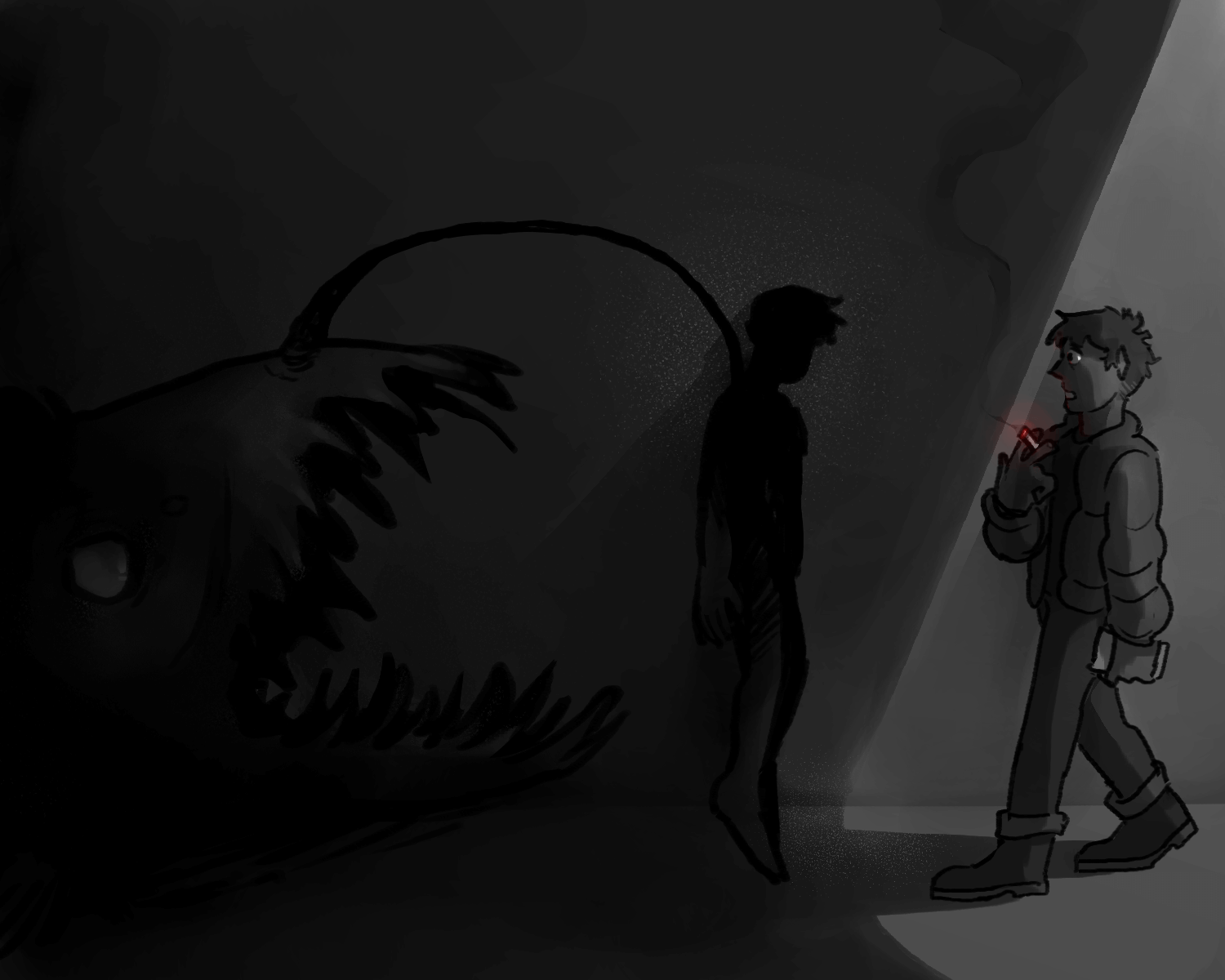 a drawing of nathan watts from the magnus archives. he is holding a cigarette,
		the only point of color in an otherwise grayscale image. he looks apprehensive to approach the silhouette of a person
		in a dark alleway. behind the silhouette, deep in the shadows, a giant anglerfish with an open maw can be seen. it is
		holding the sillhouette up in front of nathan.