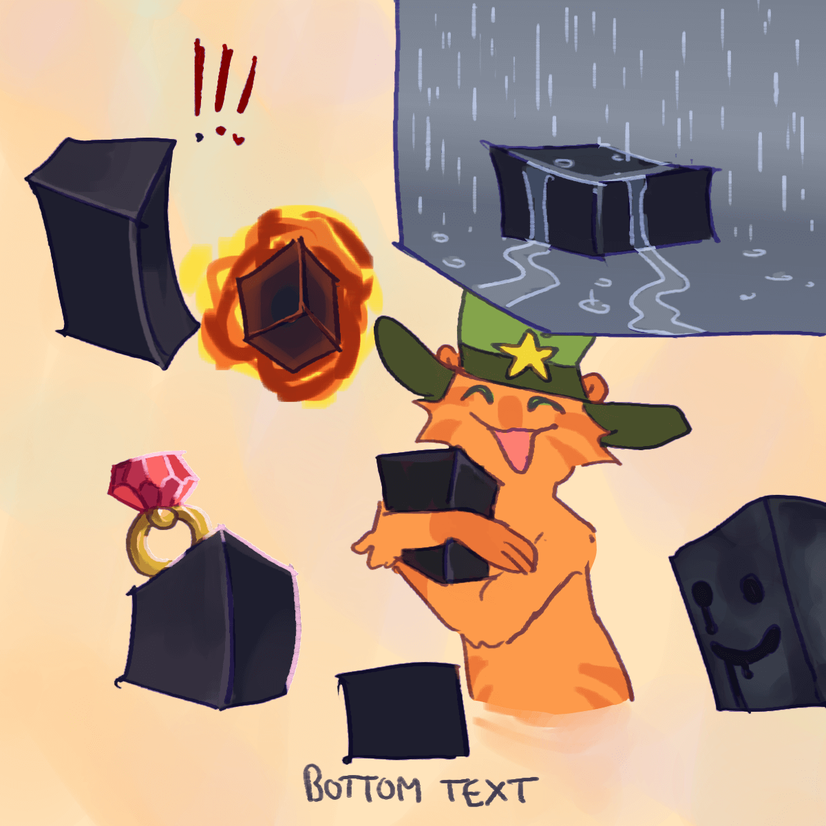 several drawings of the black cube of darkness from wander over yonder. in
		the first one it's stretched upwards with several exclamation points next to it. in the second one is surrounded by
		a dark, ominous glow. in the third one it is sitting in the rain with water streaming down its sides. in the fourth
		one it's carrying the ring. in the fifth one wander is holding it with a big smile. in the sixth one it has a fogged
		up surface with a smiley face drawn onto it. in the final one it is shown directly from the front, as a square, with
		the caption 'bottom text'.