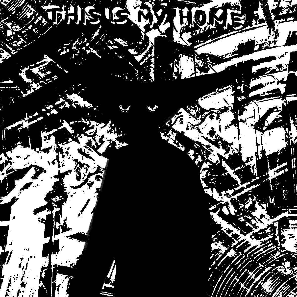 a drawing of room from the boisvert youtube channel. he is a silhouette with
		only his eyes visible. the background is a mess of black and white. the image is captioned 'this is my home.'