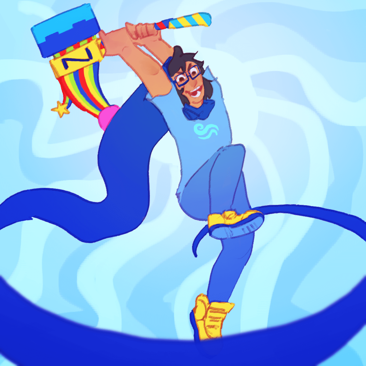 a drawing of june egbert from homestuck. she is godtier, flying in mid air,
		and raising the zillyhoo hammer with intent to strike.