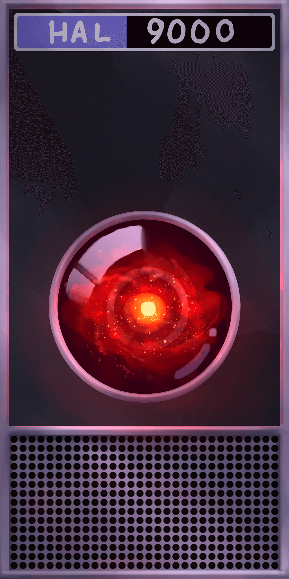 a drawing of hal 9000 from space odyssey. his faceplate takes up the entire
		canvas. in his lens, a red-tinted galaxy can be seen.