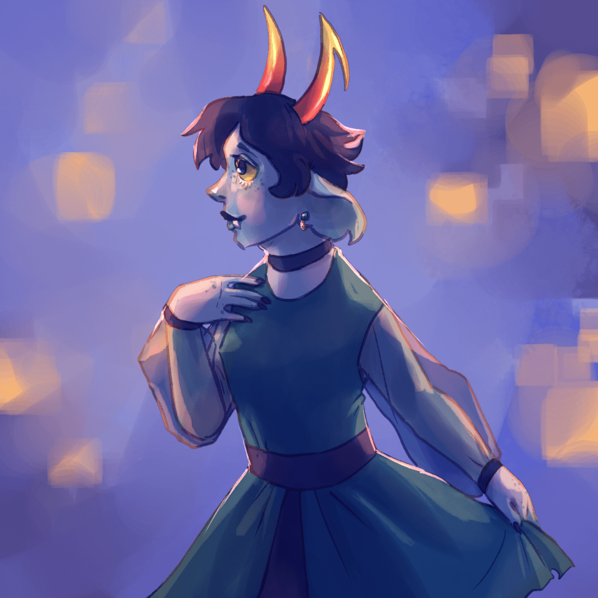 a drawing of kanaya from homestuck. she is wearing a dark green dress with
		transparent sleeves. the lighting is a soft blue-and-orange.