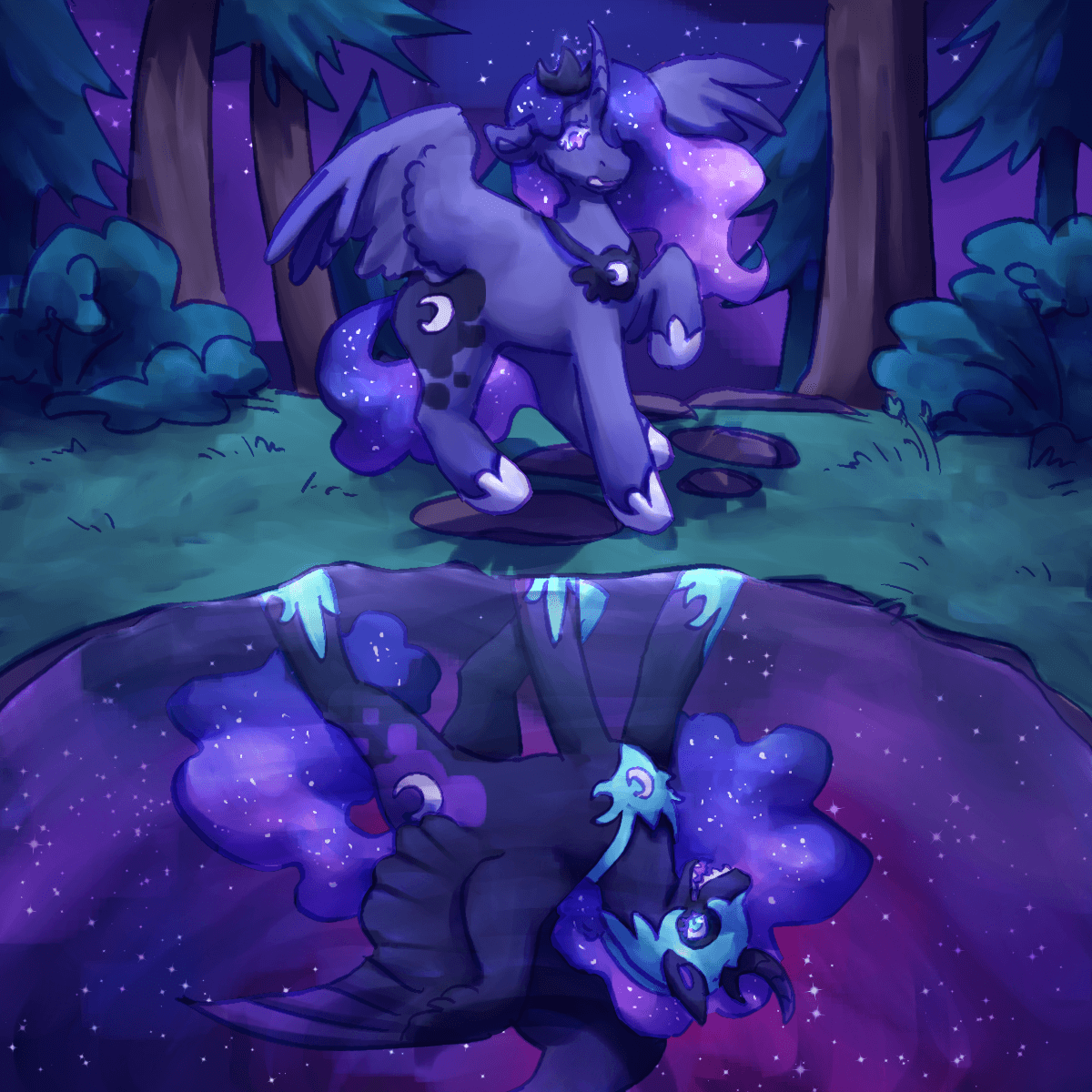 a drawing of princess luna from my little pony. she is looking into a pond at
		nighttime, but her reflection shows nightmare moon instead. with a red tint to the night sky behind her. luna looks
		shocked and upset at this.