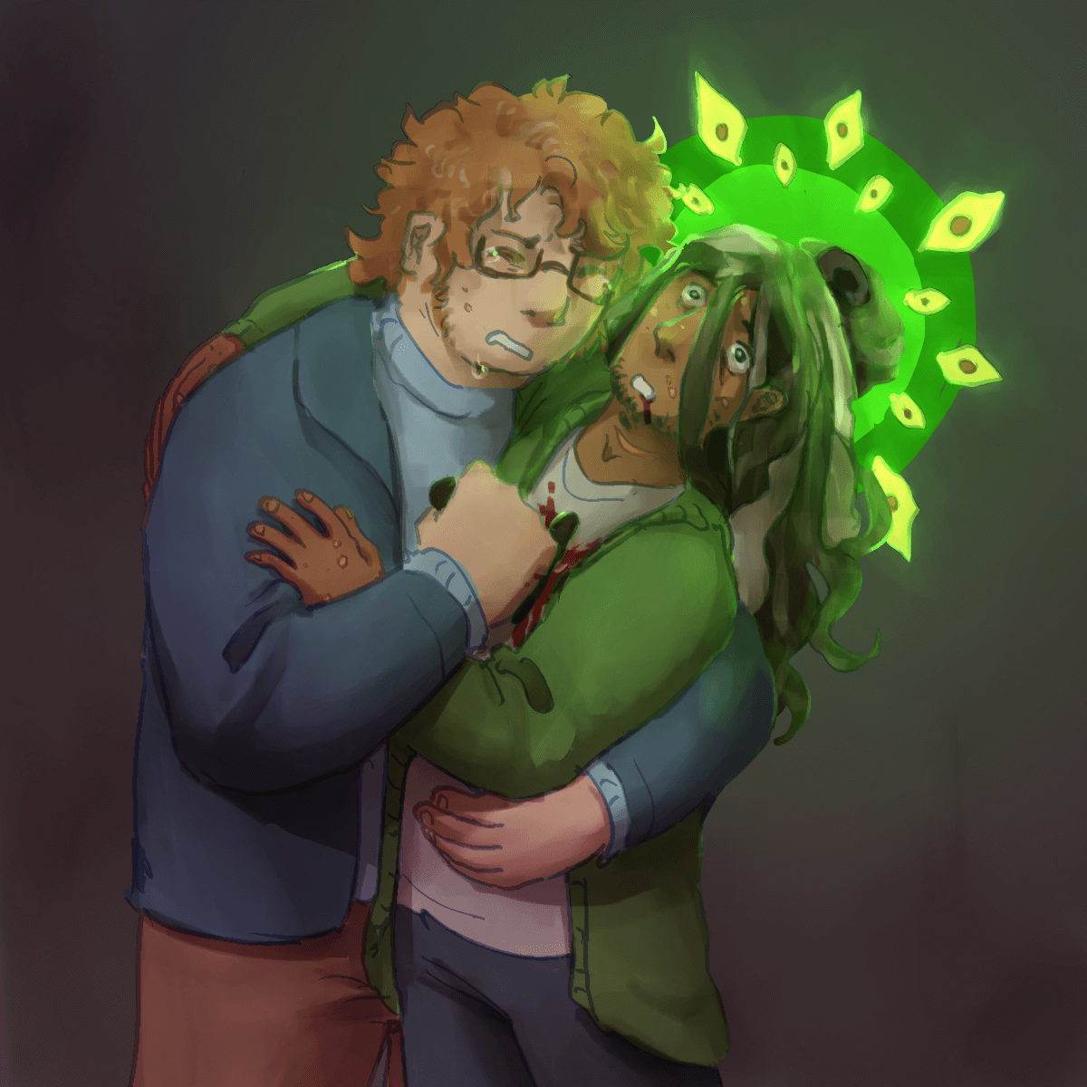 a drawing of martin and jon from the magnus archives. martin is holding jon as
		he stabs him in the chest. he is crying. jon is lying limply in his arms, a halo of glowing green eyes behind his head
