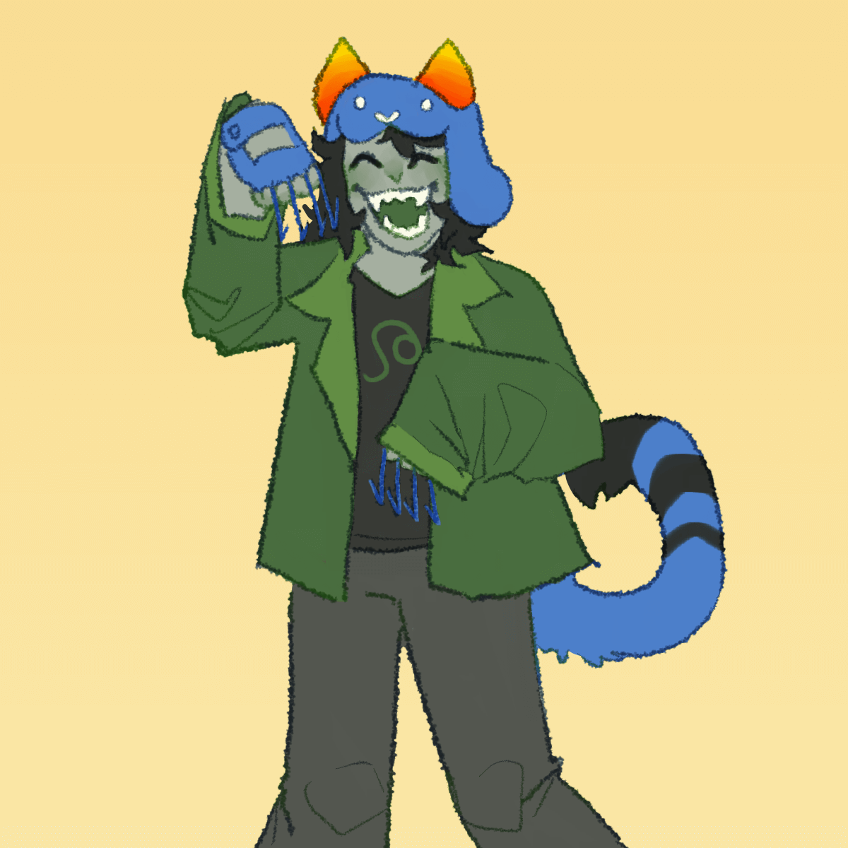 a drawing of nepeta from homestuck. she is smiling widely and has her hands held
		out in front of her like paws.