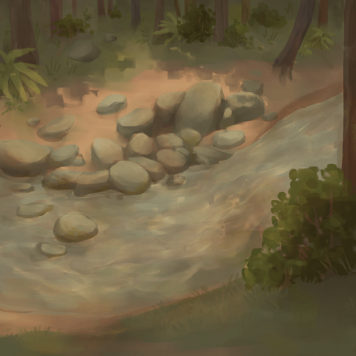 a painting of sunningrocks from warriors. it is daytime, and the sunlight
		falls directly onto them.