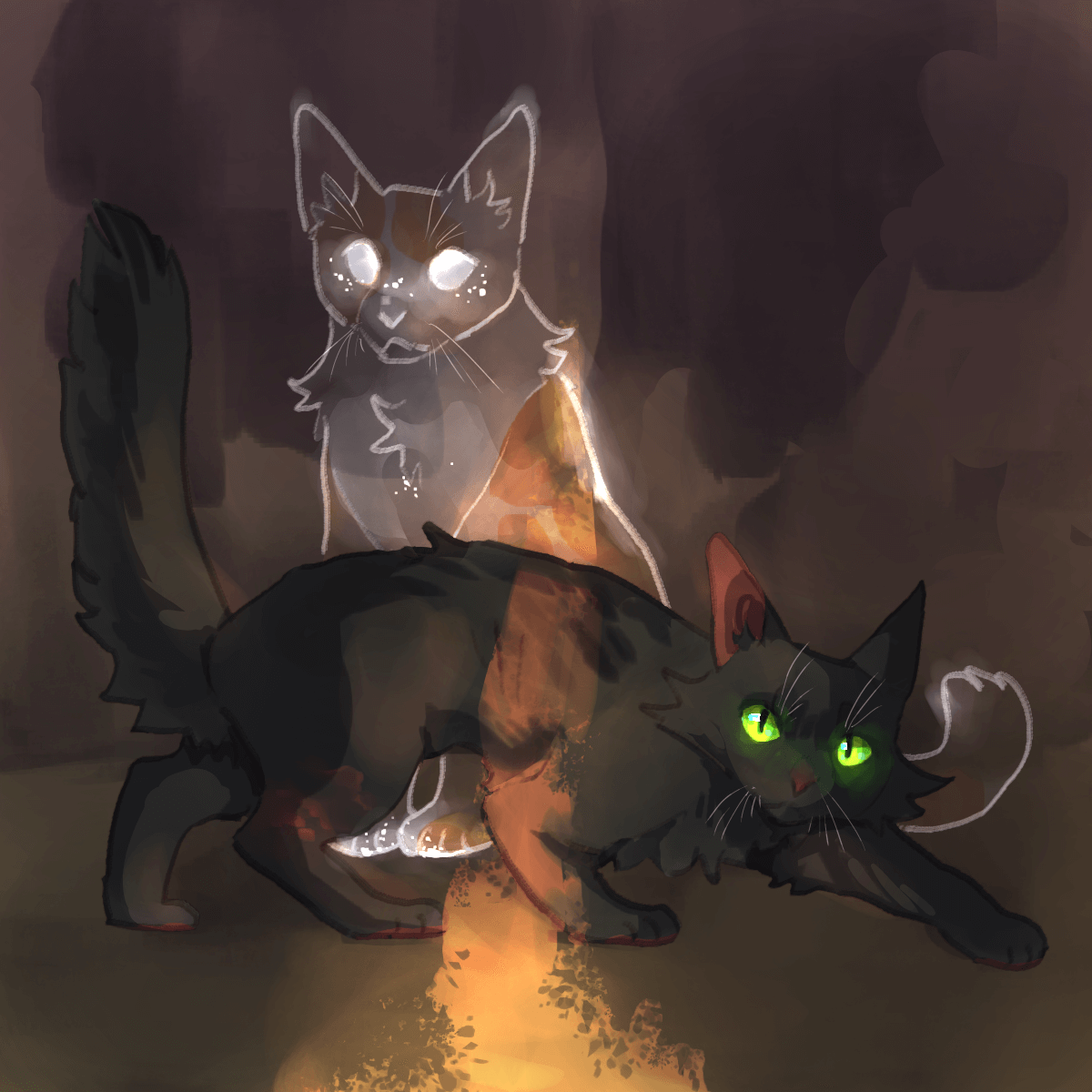 a drawing of hollyleaf and fallen leaves from warriors. they are in an entrance
		to the tunnels. a small sliver of light falls on hollyleaf. fallen leaves is sitting behind her.