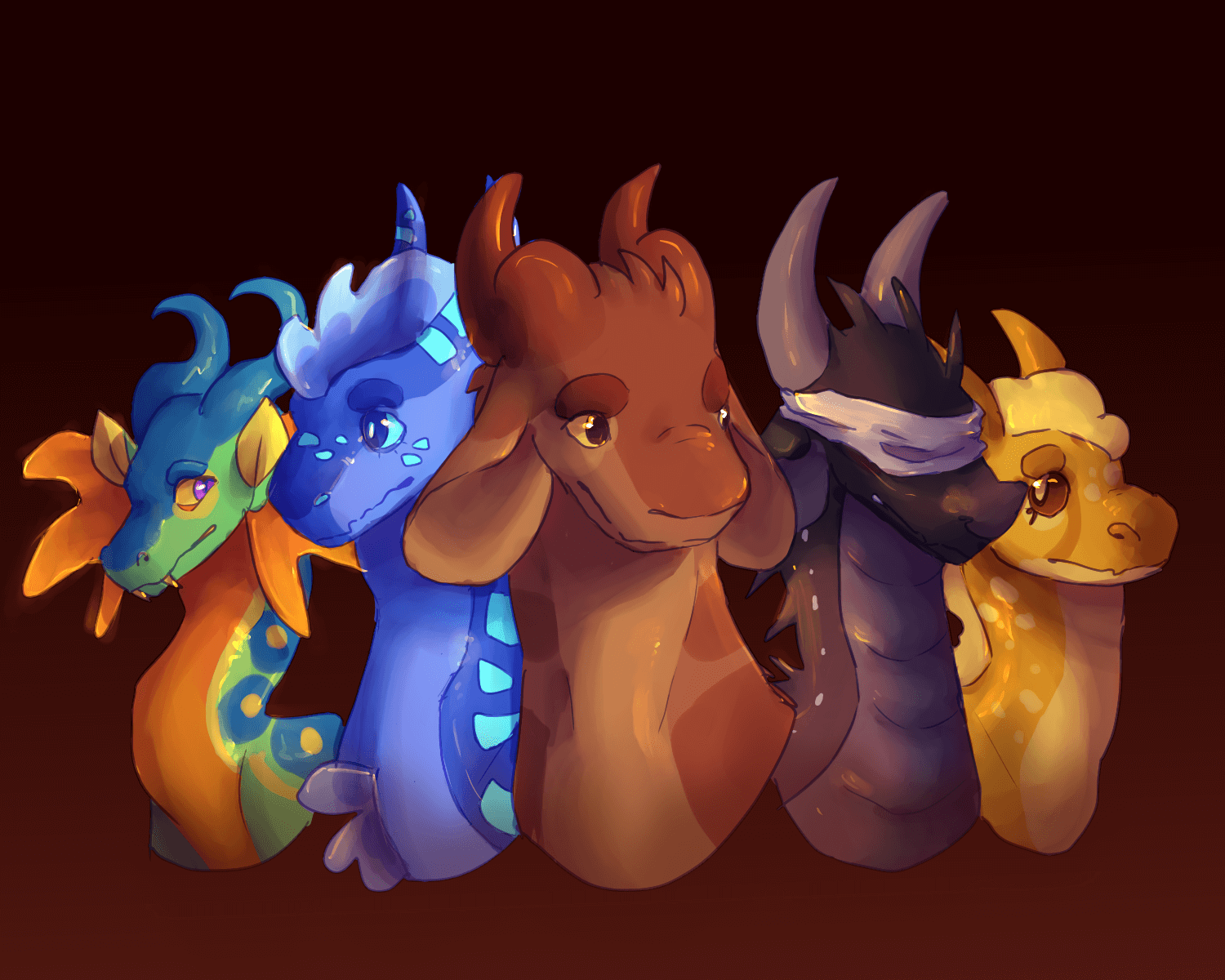 a drawing of the dragonets of destiny, all looking concerned. from left to right: glory, tsunami, clay, starflight, sunny.