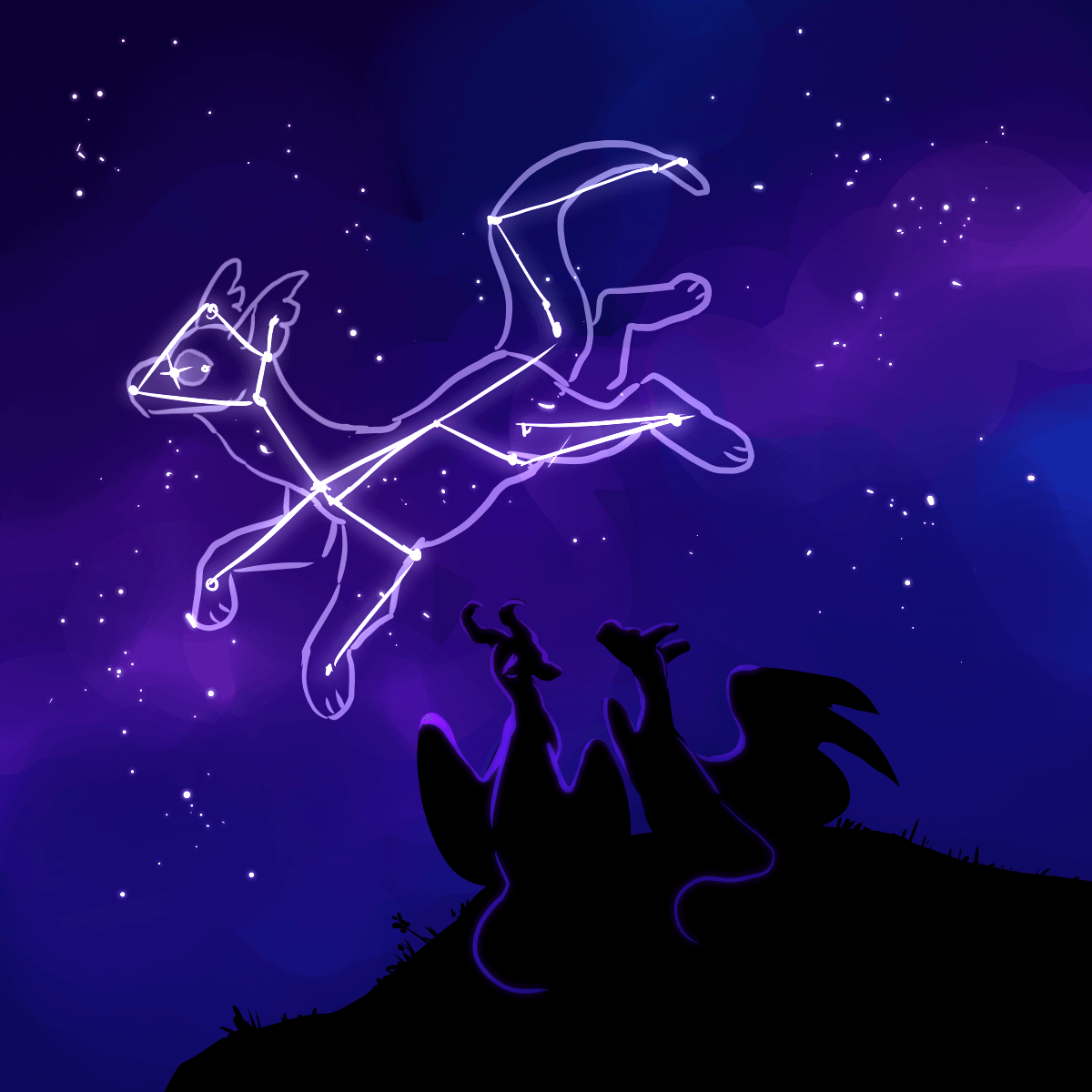 a drawing of two dragons looking at a starry sky with a constellation in the shape of a gecctail.