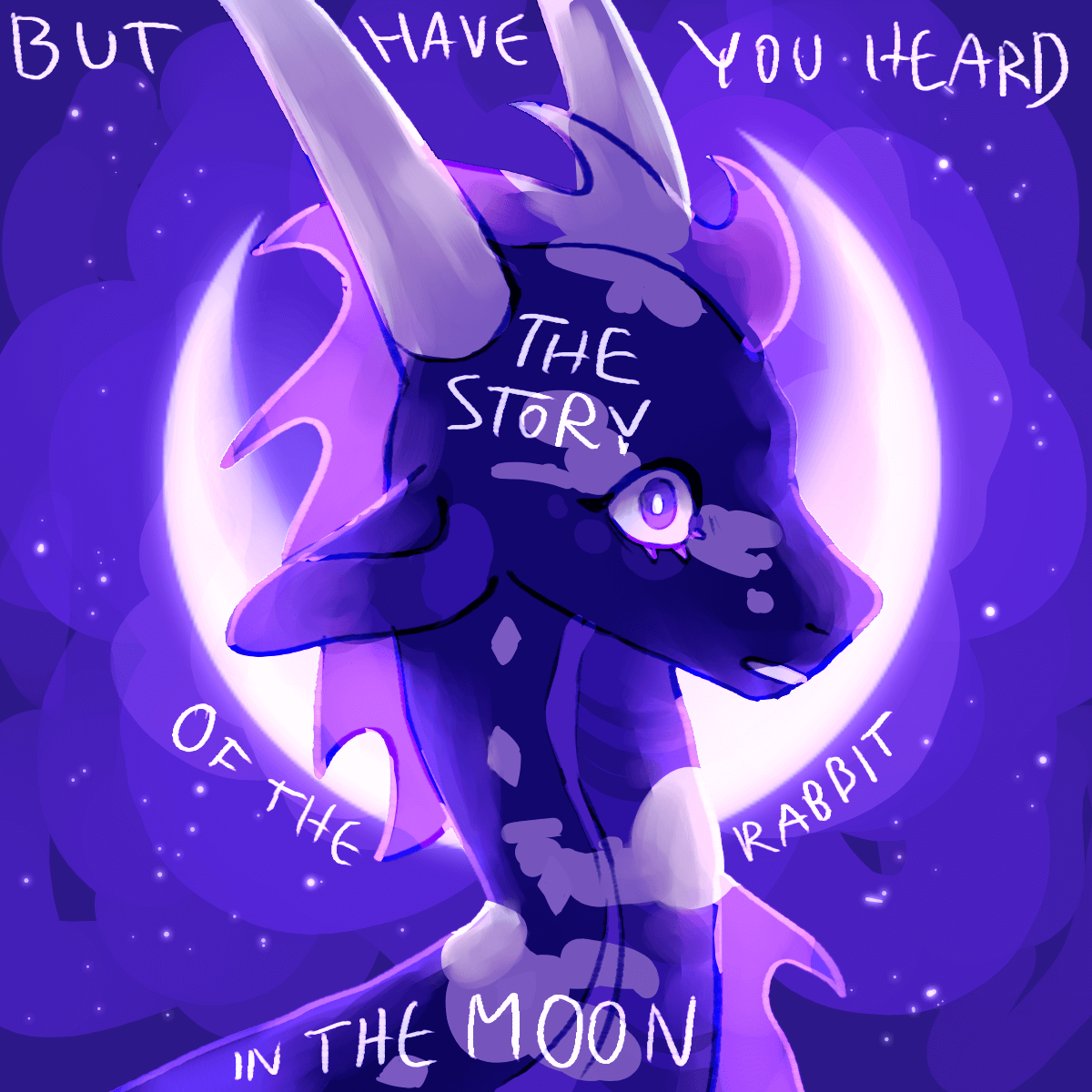 a drawing of inkblot, a dark blue and purple nightwing-seawing hybrid with white patches, in front of a crescent moon with lyrics from 'the moss' by cosmo sheldrake: 'but have you heard the story of the rabbit in the moon'.