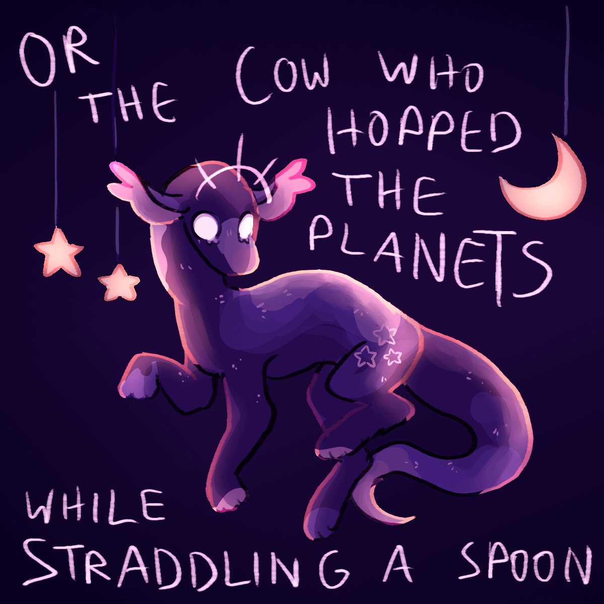 a drawing of midnight, a dark blue gecctail, between simplistic renditions of moons and stars. more lyrics: 'or the cow that hopped the planets while straddling a spoon'.