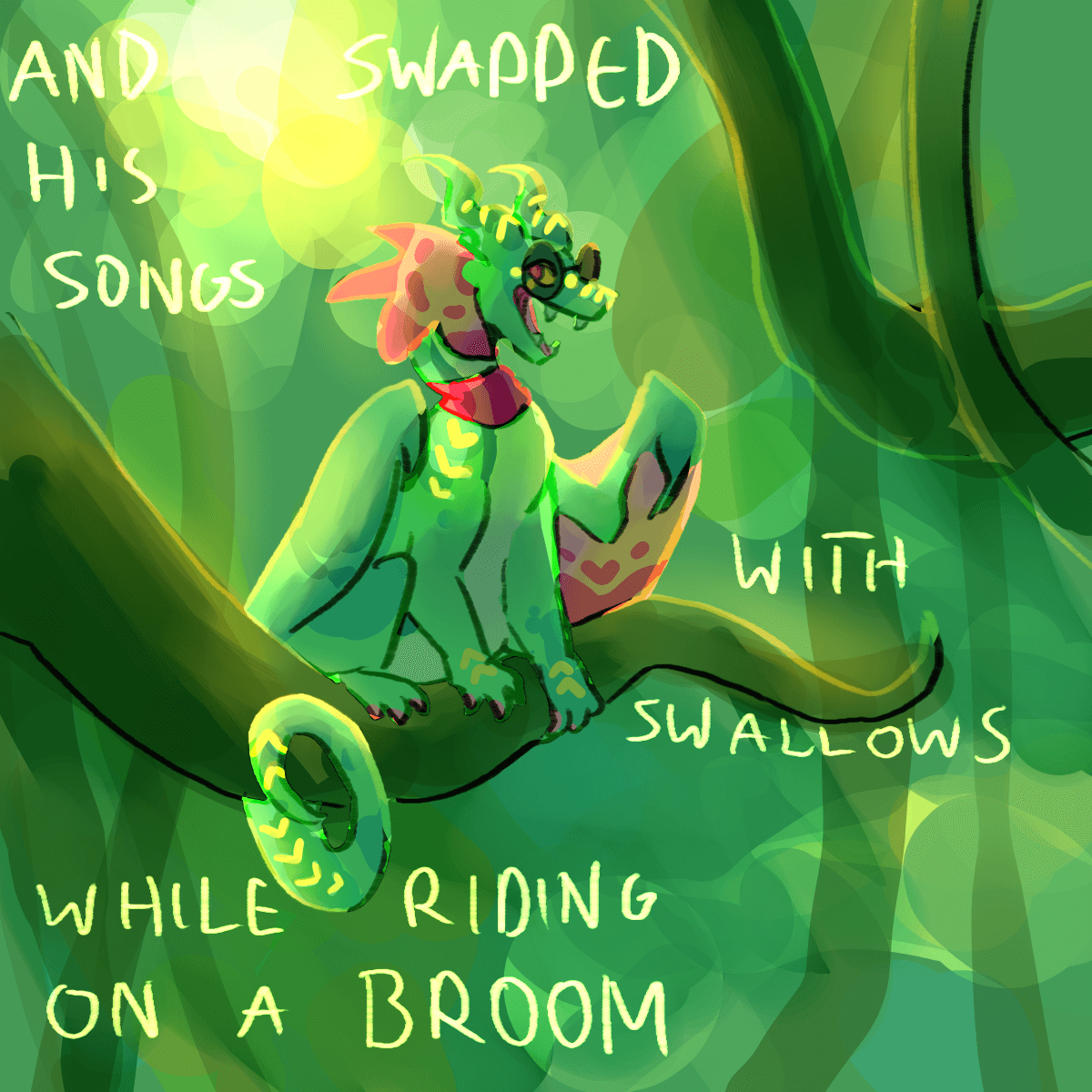 a drawing of ripples, a green rainwing-seawing hybrid with a pink scarf, sitting on a branch and singing. lyrics: 'and swapped his songs with swallows while riding on a broom'.