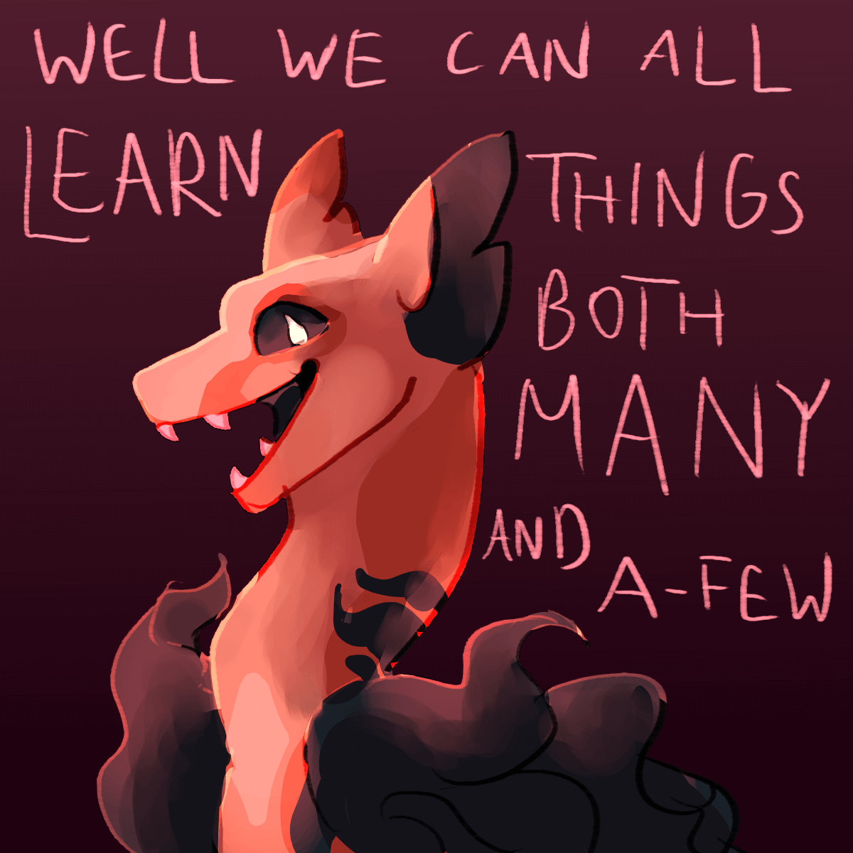 a drawing of jester, a tan gecctail with dark wisps, looking directly at the viewer. lyrics: 'well we can all learn things both many and a-few'.