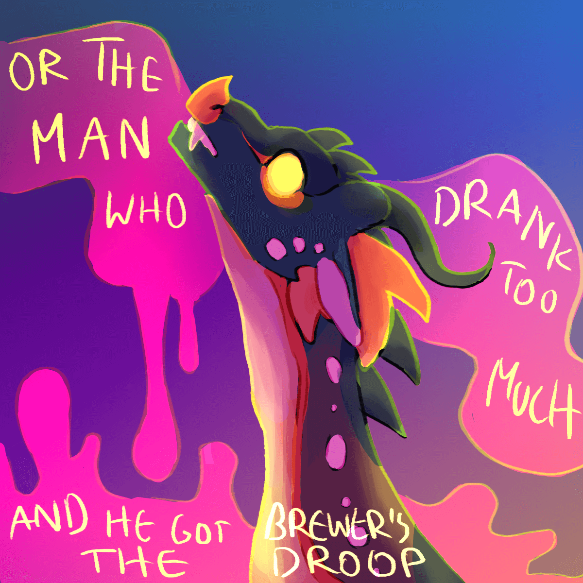 a drawing of vipera, a green and orange rainwing, with bright magenta smoke in the background. lyrics: 'or the man who drank too much and he got the brewer's droop'.