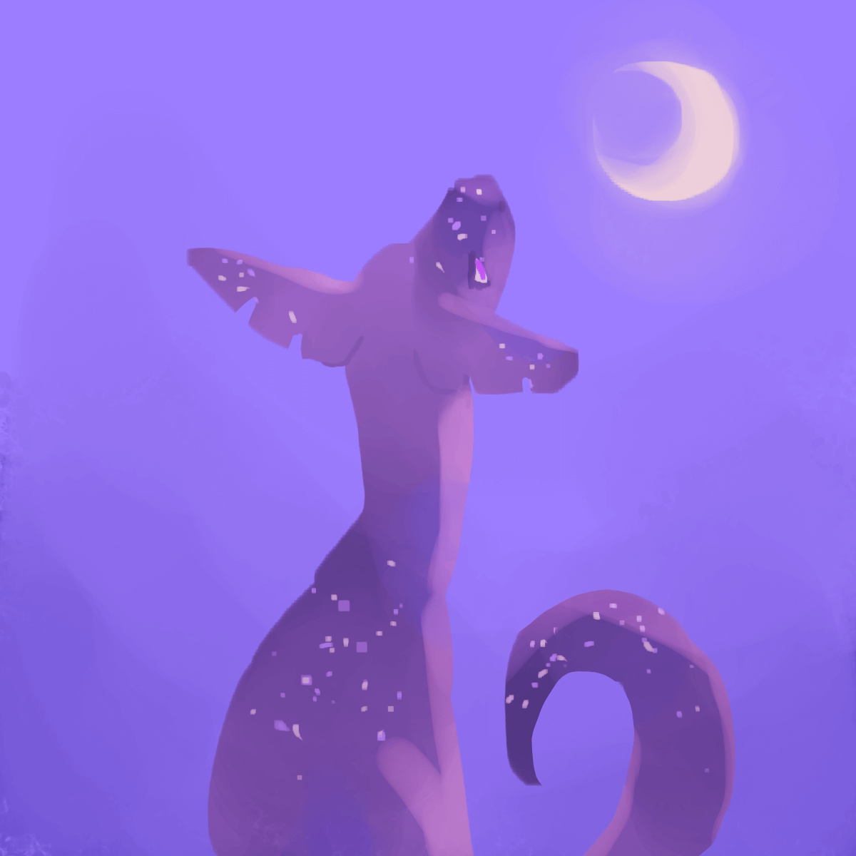 a painting of selena, a gray gecctail with white spots, on a purple background looking at a moon.