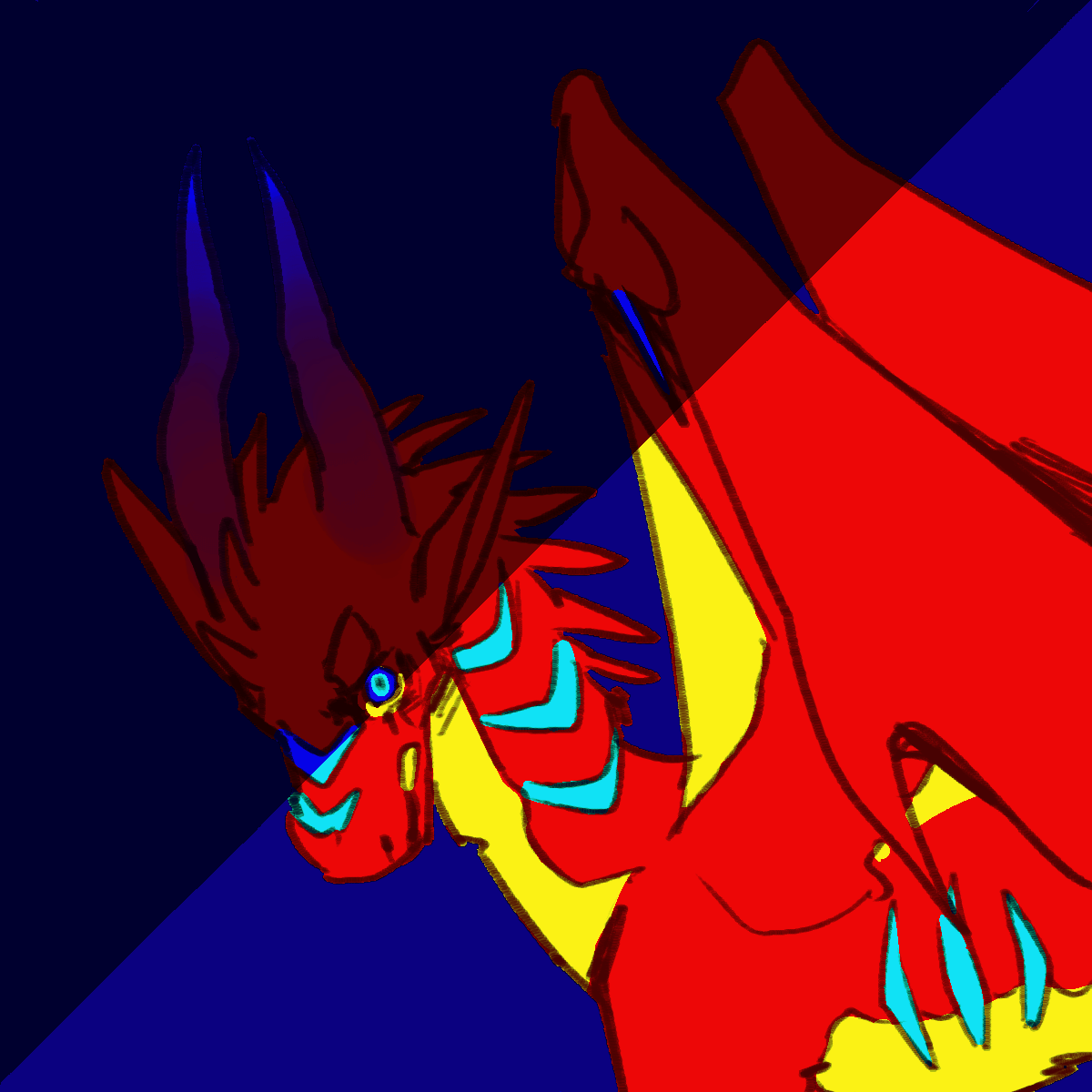 a drawing of peril in very saturated colors, half her face in shadow, staring angrily at the viewer.