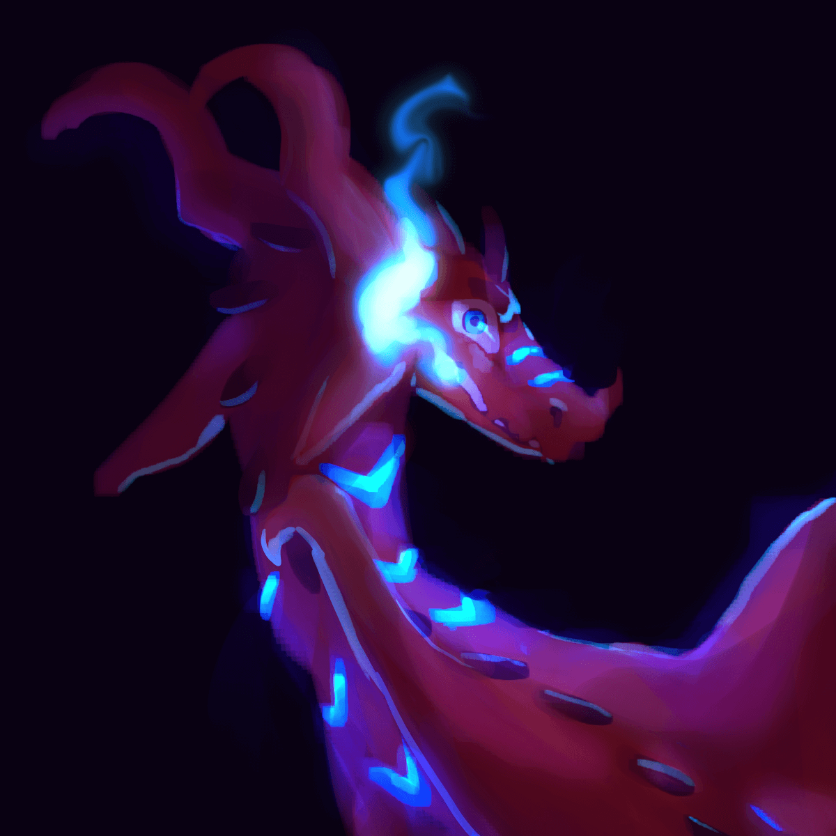 a painting of peril, lit only by her own blue markings and the blue flames coming out of her mouth.