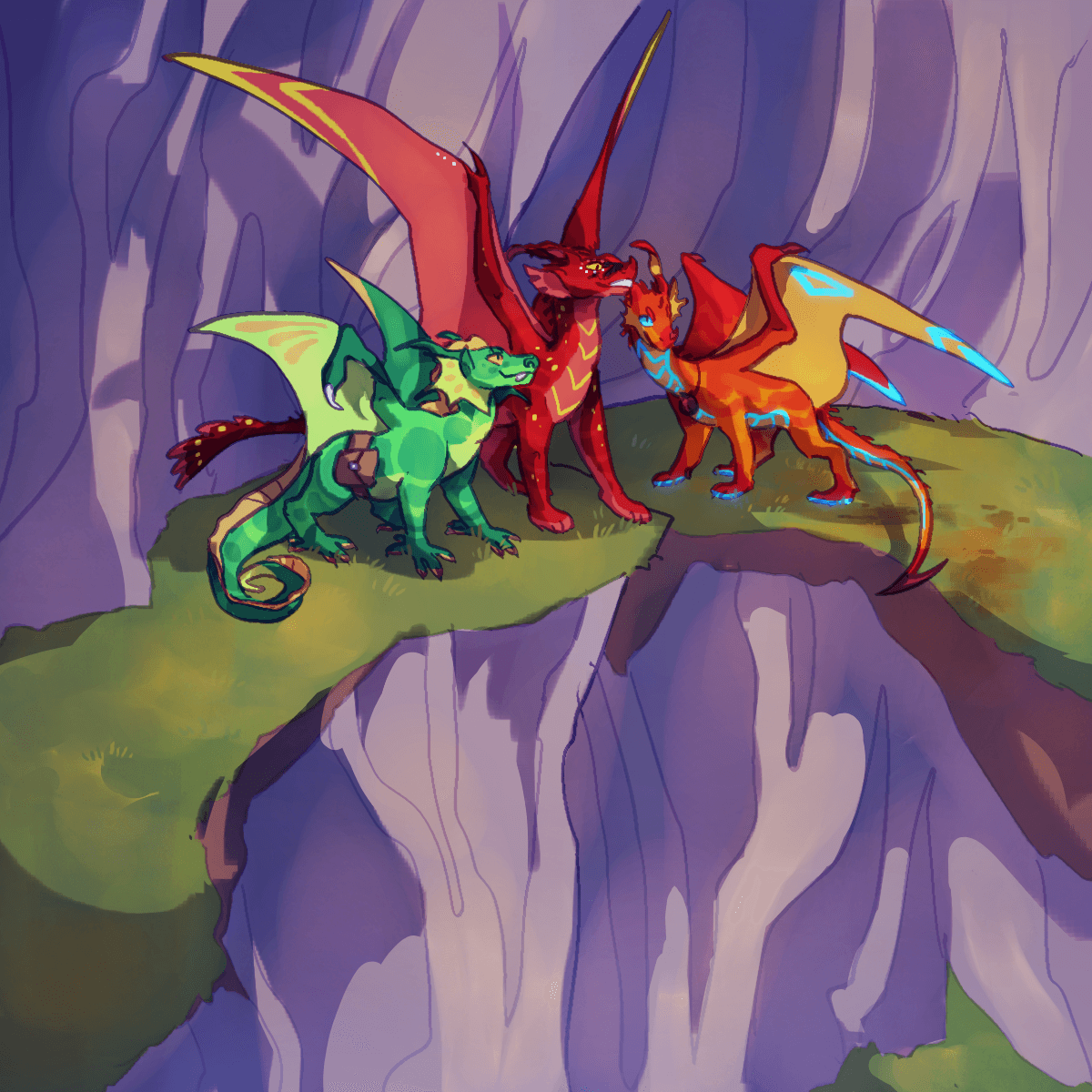 a drawing of chameleon, scarlet, and peril standing on a mountainside and looking off into the distance with triumphant looks. chameleon is out of disguise and peril is wearing her enchanted necklace. a ways behind her are burned patches of grass.