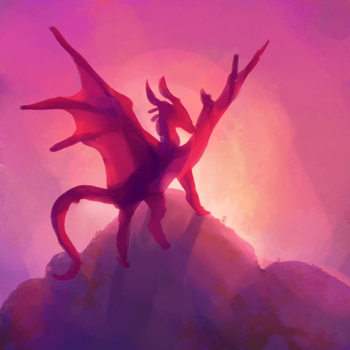 a loose painting of a skywing on a mountain peak, lit by the rising sun